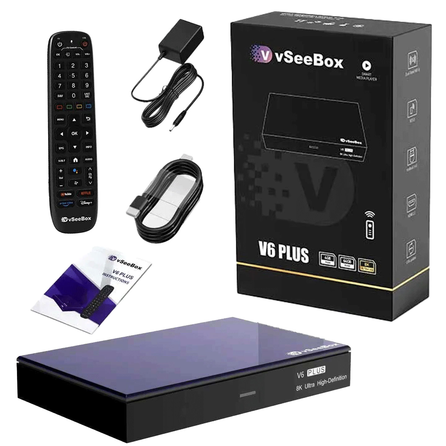 Vseebox V6 Plus Version Voice Control, 8K HDMI&Ethernet Cable, Android 14, 4GB RAM, 64GB Storage