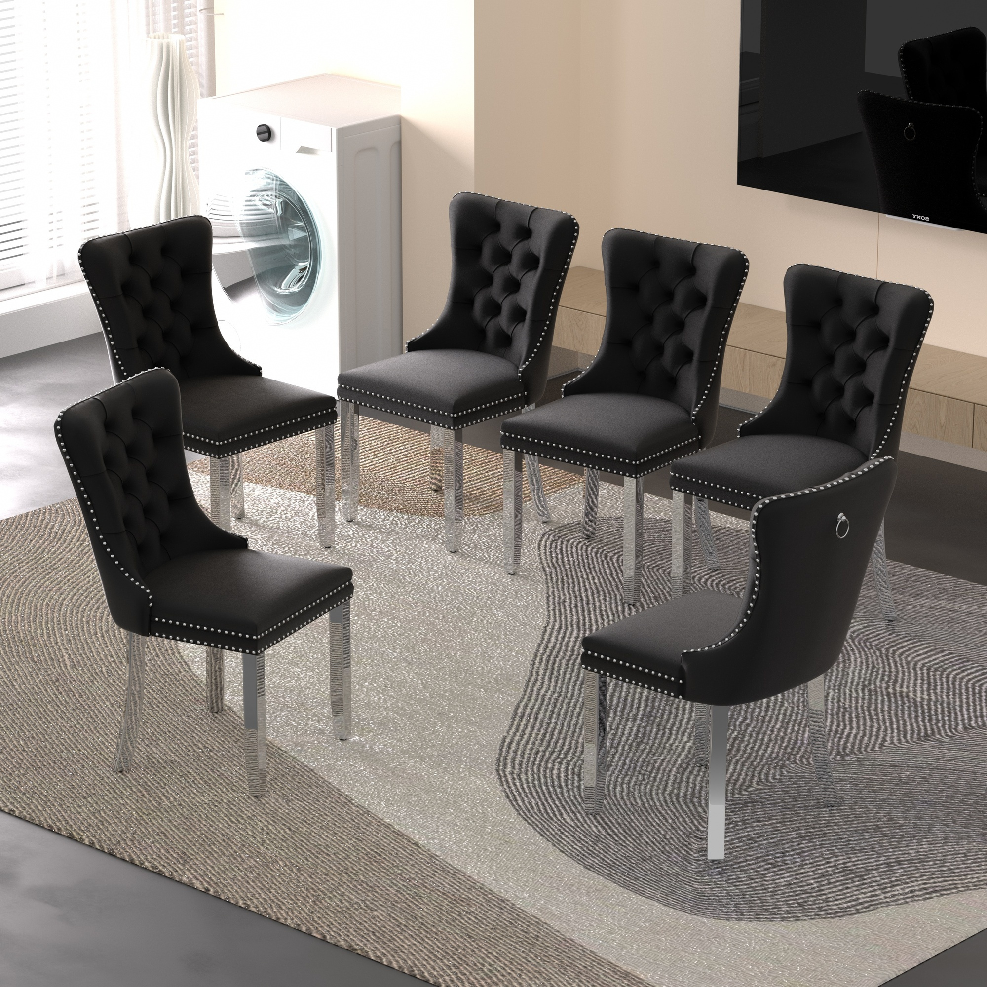 Modern velvet cushioned dining chairs with silver stainless steel plated legs, set of 6