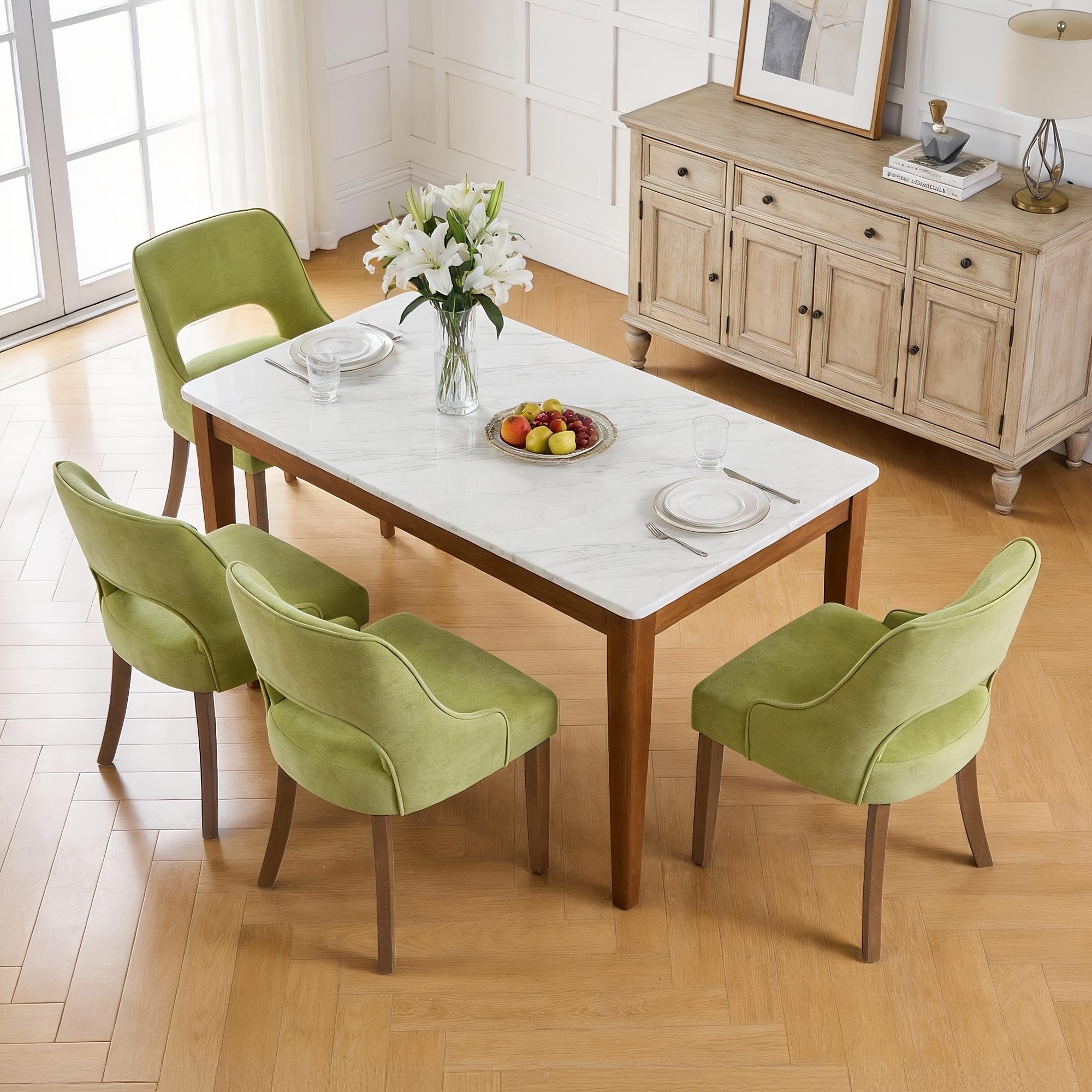 Modern fabric dining chair| Hardwood and metal frame, vintage style, chenille fabric, square shape