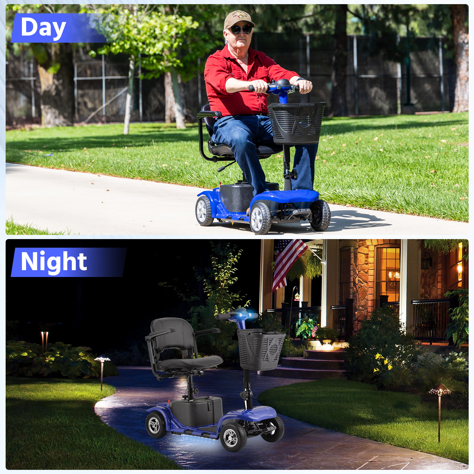 Mobility aid for seniors, four-wheel foldable adult electric scooter, 180W 24V, 15-mile range, equipped with LED front lights and a detachable storage basket, moderate weight, can be folded and placed in the car trunk, a gift for seniors