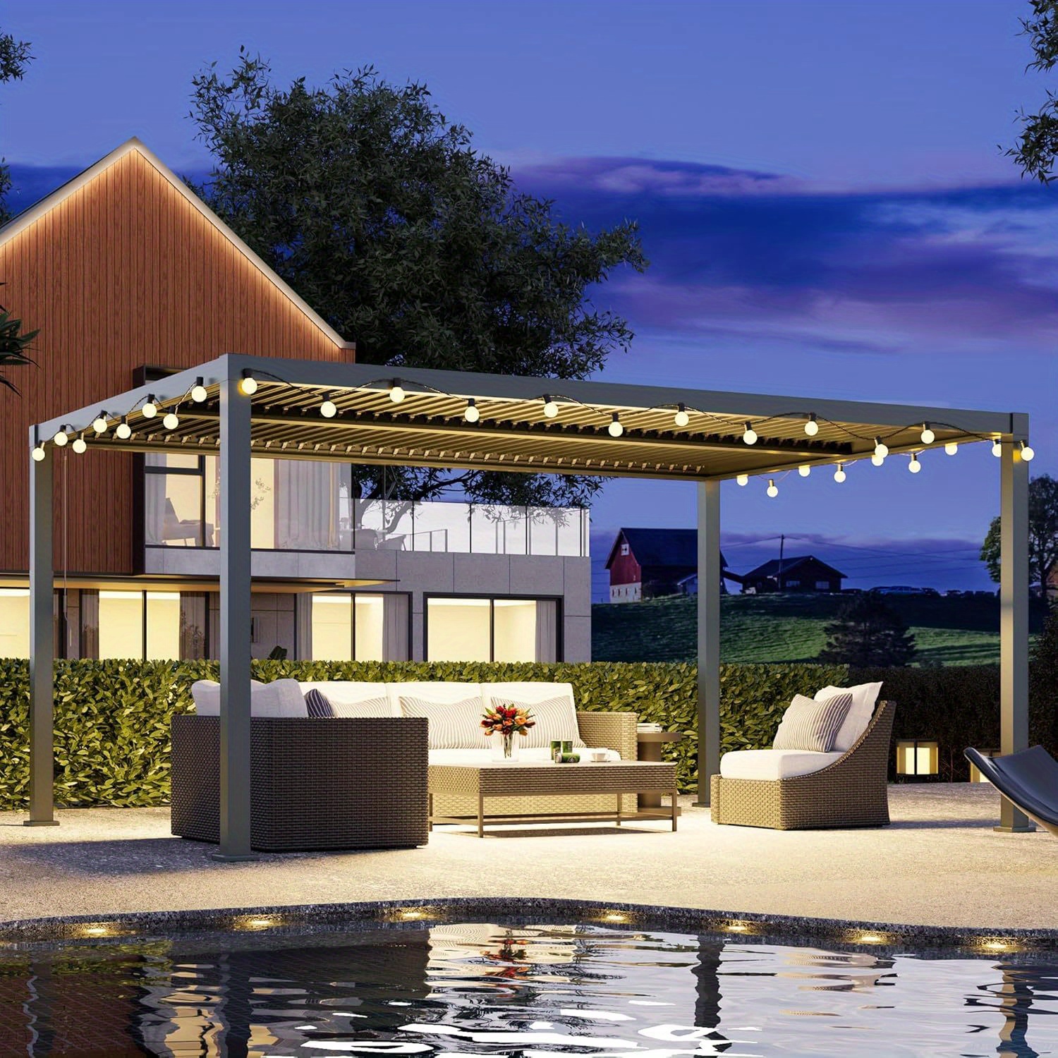 Adjustable louvered shed, available in sizes 10'X12', 12'X16', 12'X20', and 13'X20', made of heavy-duty aluminum.This metal hardtop canopy features an adjustable roof and is suitable for patios, decks, gardens, and yards. It comes in dark gray color.