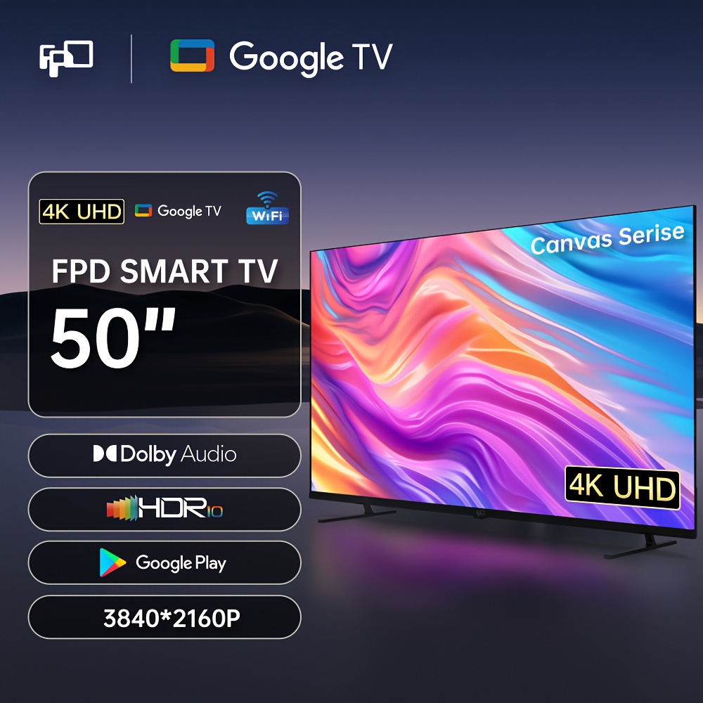 FPD 50inch 4K LED Google Smart TV, built-in Google Play Store and screen mirroring, supports HDR10, MEMC, voice remote control, compatible with Dolby Atmos, streaming ultra-high-definition TV (Canvas Series, US50GFU, 2025 model)