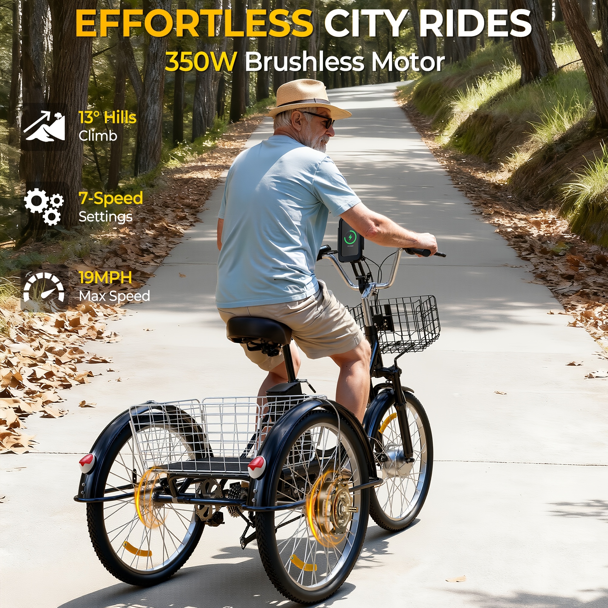 Adult Electric Tricycle, 350W 36V White Electric Tricycle, 7-Speed Adult Electric Tricycle with Large Capacity Basket