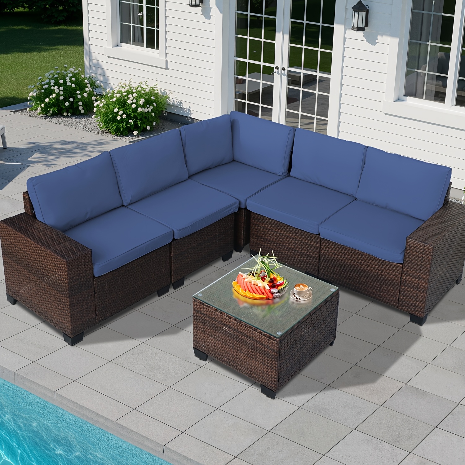 Outdoor Patio Furniture Set, 6-Piece Wicker Sofa and Coffee Table with Soft Cushions, Suitable for Porch, Garden, or Backyard (Blue/Beige/Gray) - Outdoor Patio Furniture