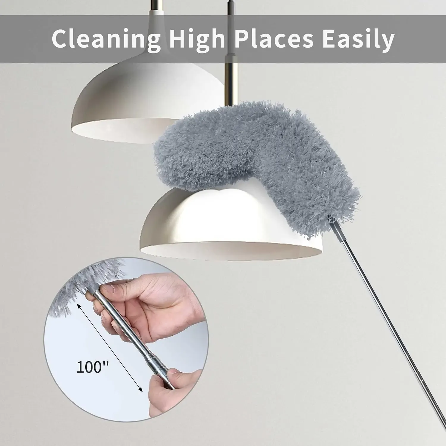 Extendable microfiber duster, equipped with 100inch extension rod, 3 washable duster replacement heads, 360-degree rotation° Flexible long-handled ceiling fan cleaning brush, with rubber cover, gray