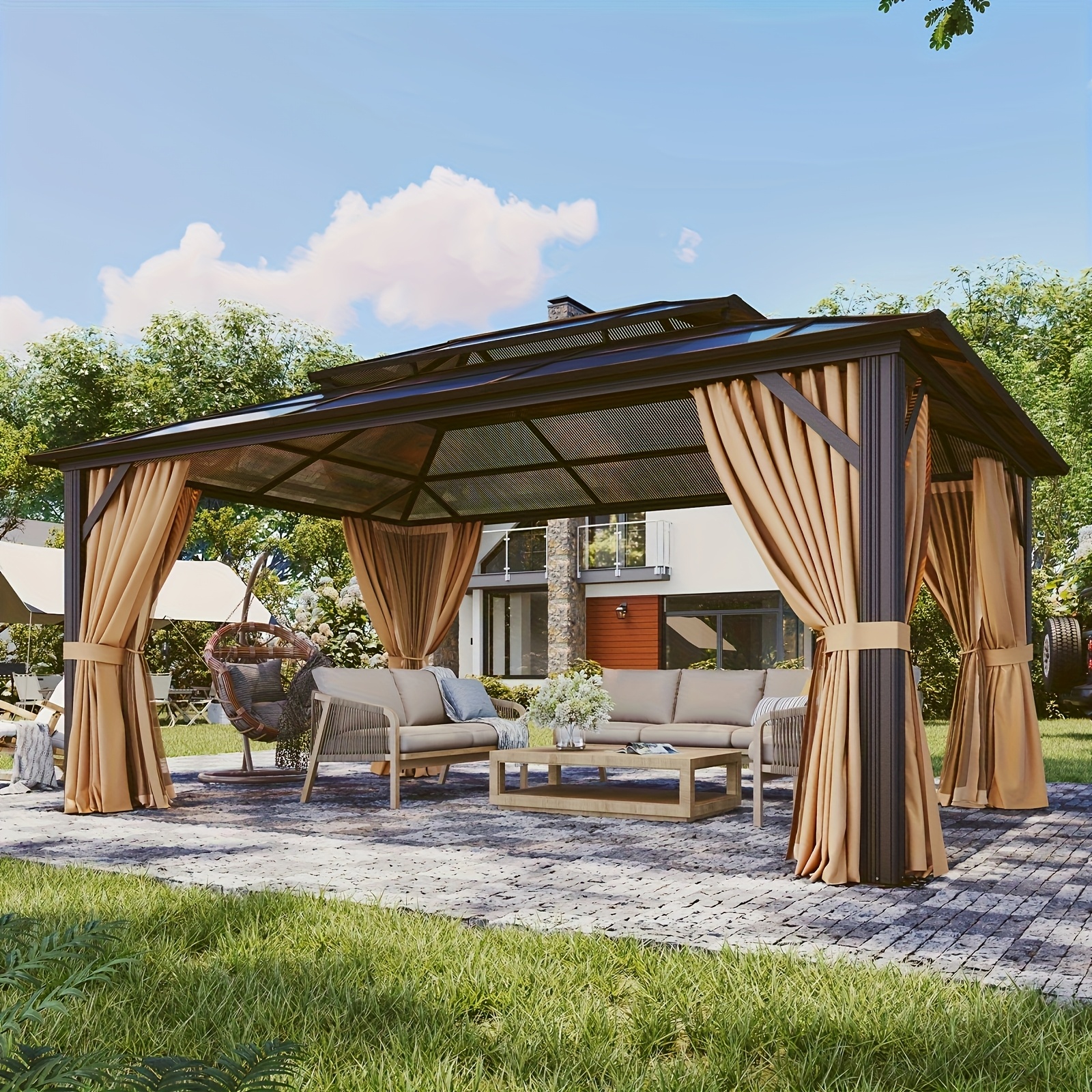 20'x13'/16'x12'/12'x10' hard-top gazebo, suitable for patios, outdoor aluminum gazebo with double-layer roof, curtains and mesh, weather-resistant permanent pavilion, backyard garden lawn deck furniture (brown/gray)