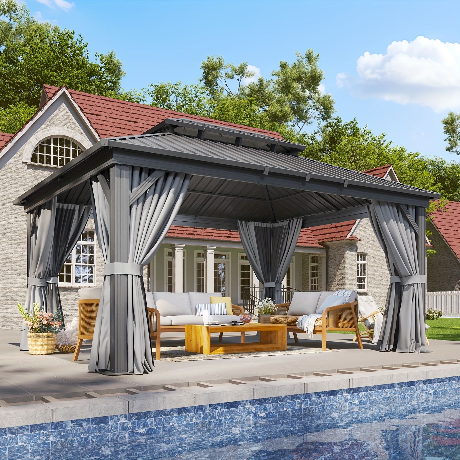 Sonegra 12' X 20'/12' X 16'/12' X 10' Hardtop Gazebo, Double Galvanized Steel Roof - Aluminum Frame Outdoor Gazebo with Mosquito Net and Curtains, Suitable for Patio, Yard, and Deck (Free Shipping)