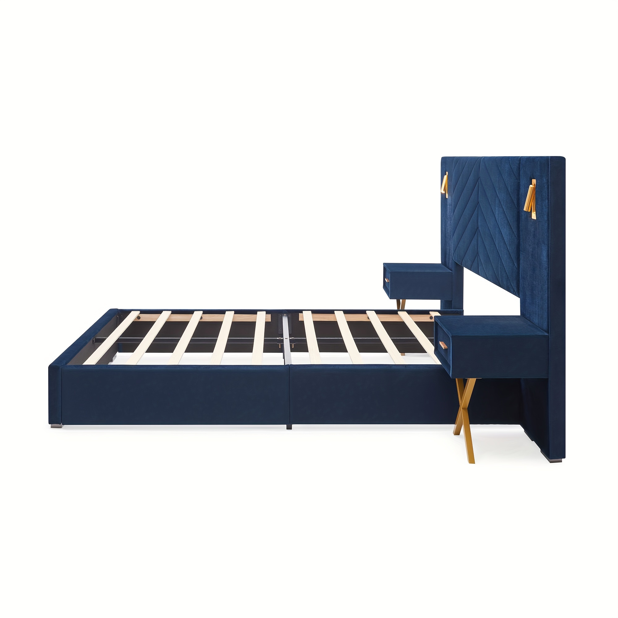 Luxurious double/queen-size bed frame with built-in LED lights and nightstand, double/queen-size platform bed with extra-large upholstered headboard, no mattress support required