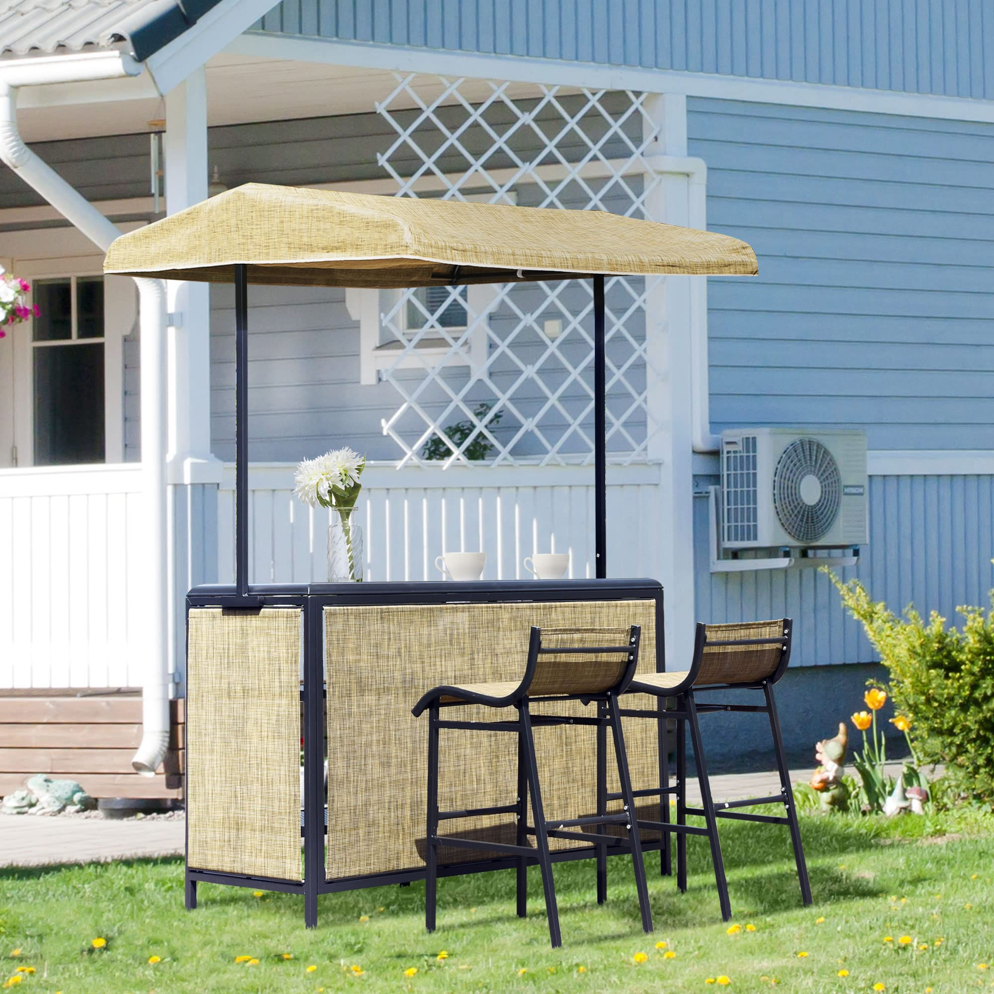 3 Pcs Outdoor Bar Set for 2 with Canopy, Rectangular Table with Storage Shelves & 2 Bar Chairs