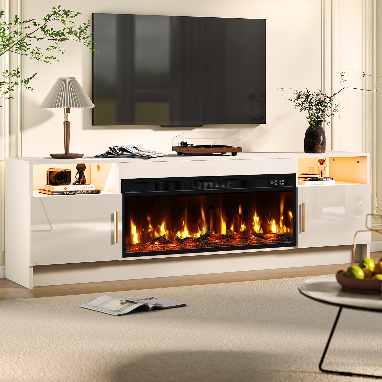 Fireplace TV Stand Entertainment Center with 36inch Fireplace, suitable for TVs up to 80inch, 70inch wooden TV stand with high-gloss storage cabinets and media TV cabinet with 20-color LED lights