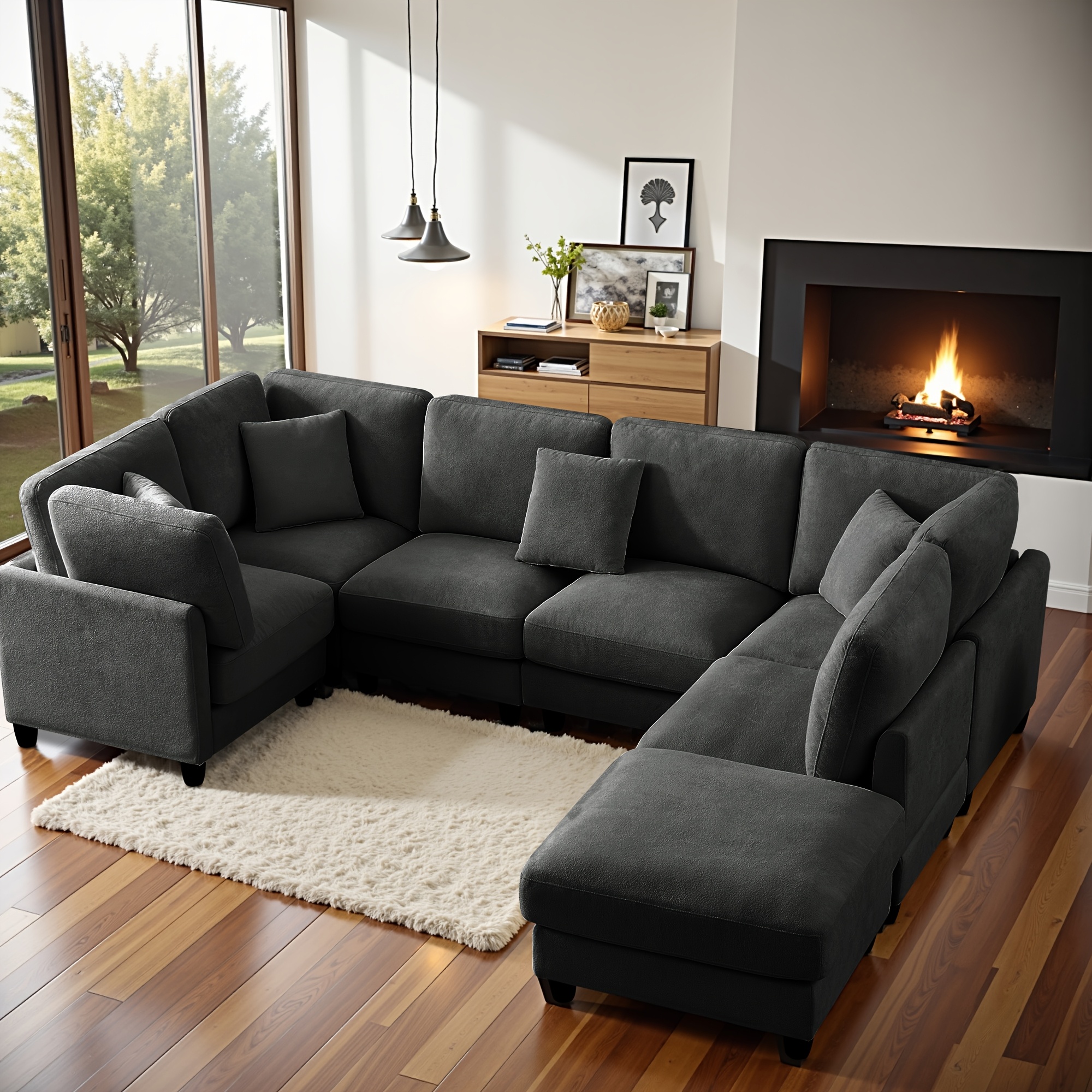 Seven-seater modular sectional sofa with 3 small cushions, L/U-shaped free combination, suitable for living rooms, bedrooms, offices, and other spaces, dark gray