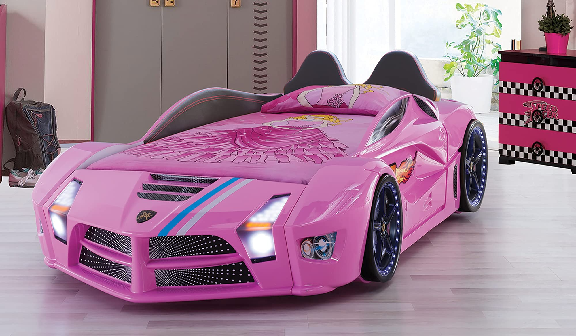 Racing Car Bed for Kids - Kids Car Bed with Led Lights, Single Race Car Bed with Leather Cushioning