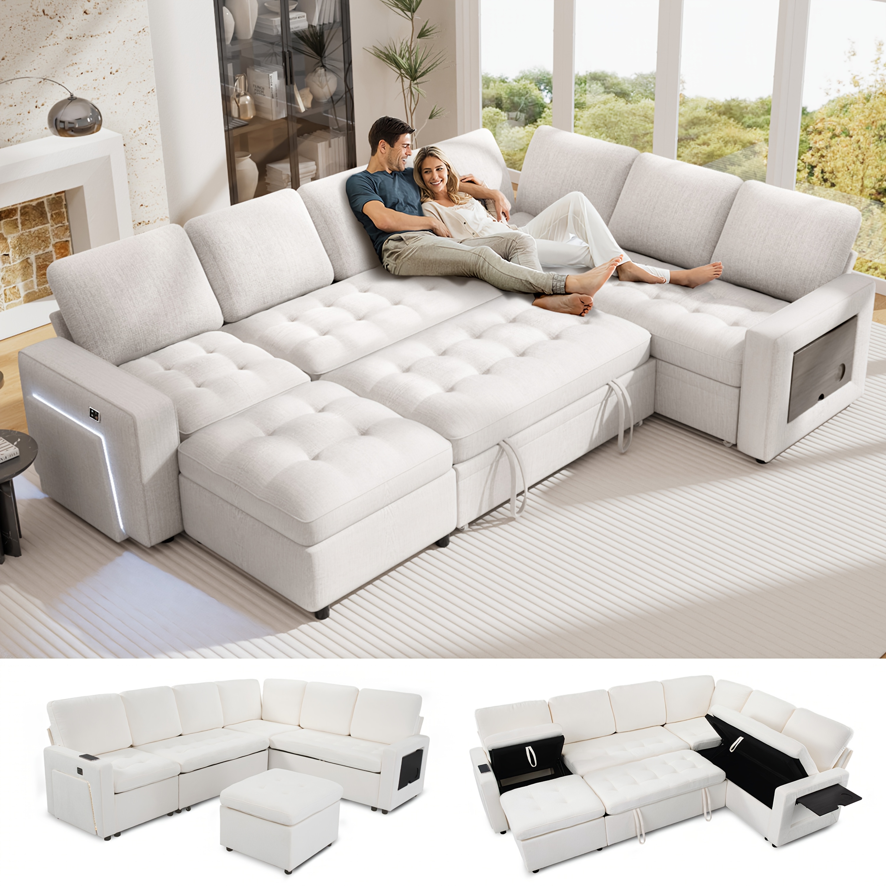 MUUEGM 7-seater modular sofa bed, with pull-out bed, reclining backrest, USB port, table, LED lights and storage seats, tool-free assembly, white