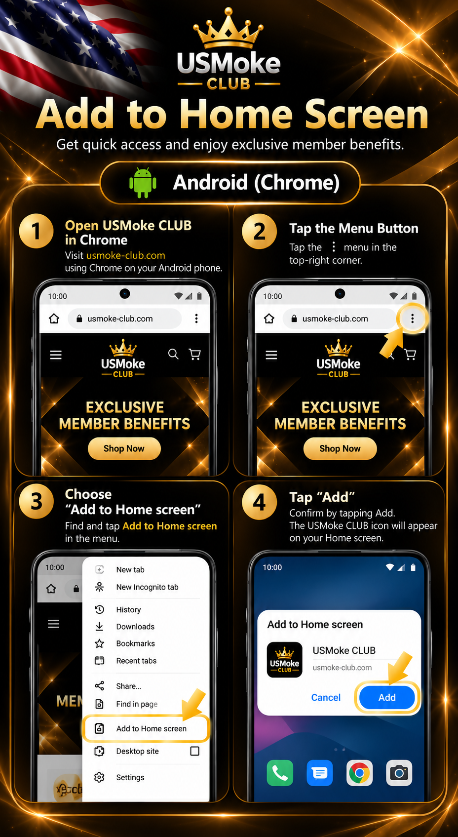 USMoke CLUB Android Chrome Add to Home Screen four-step tutorial