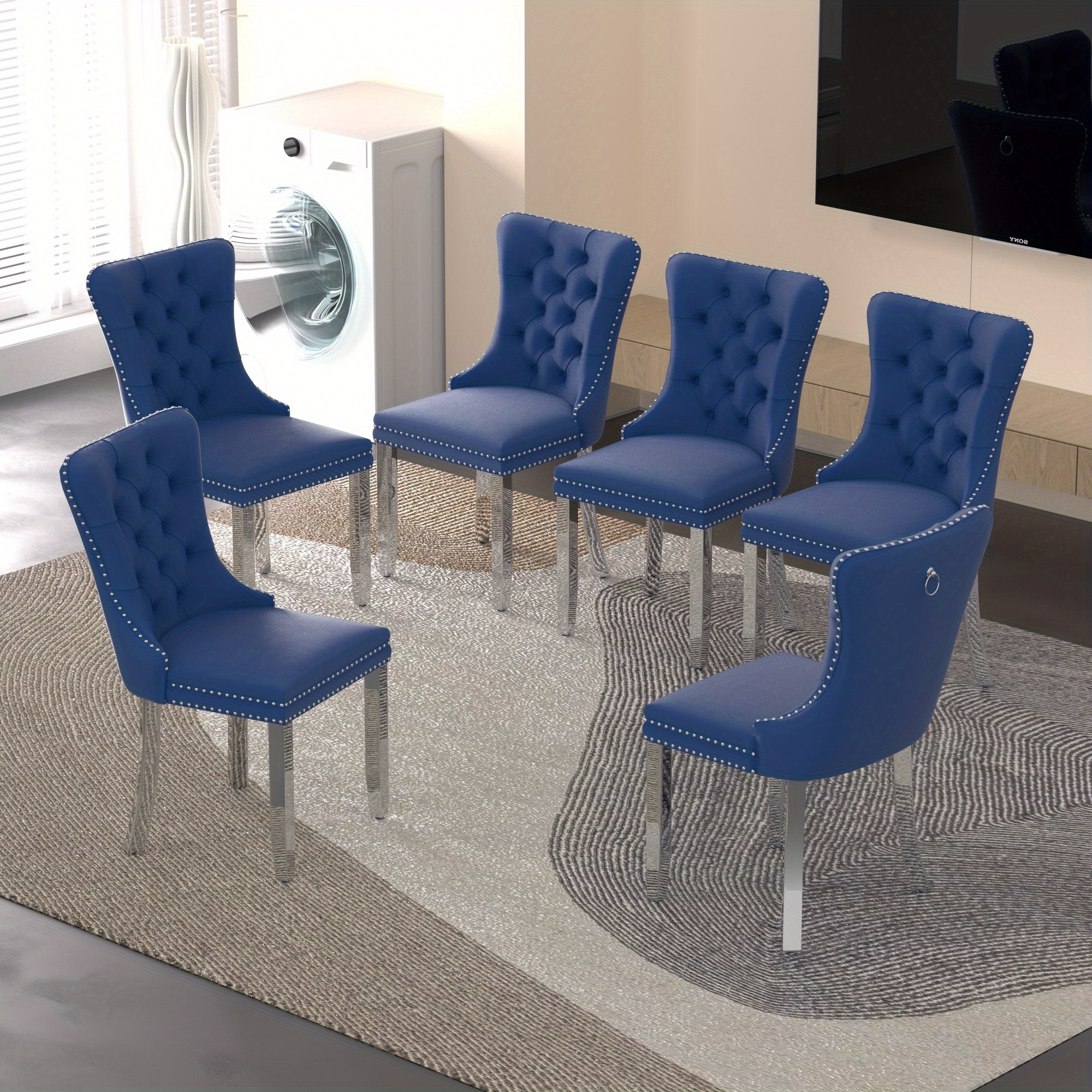 Modern velvet cushioned dining chairs with silver stainless steel plated legs, set of 6