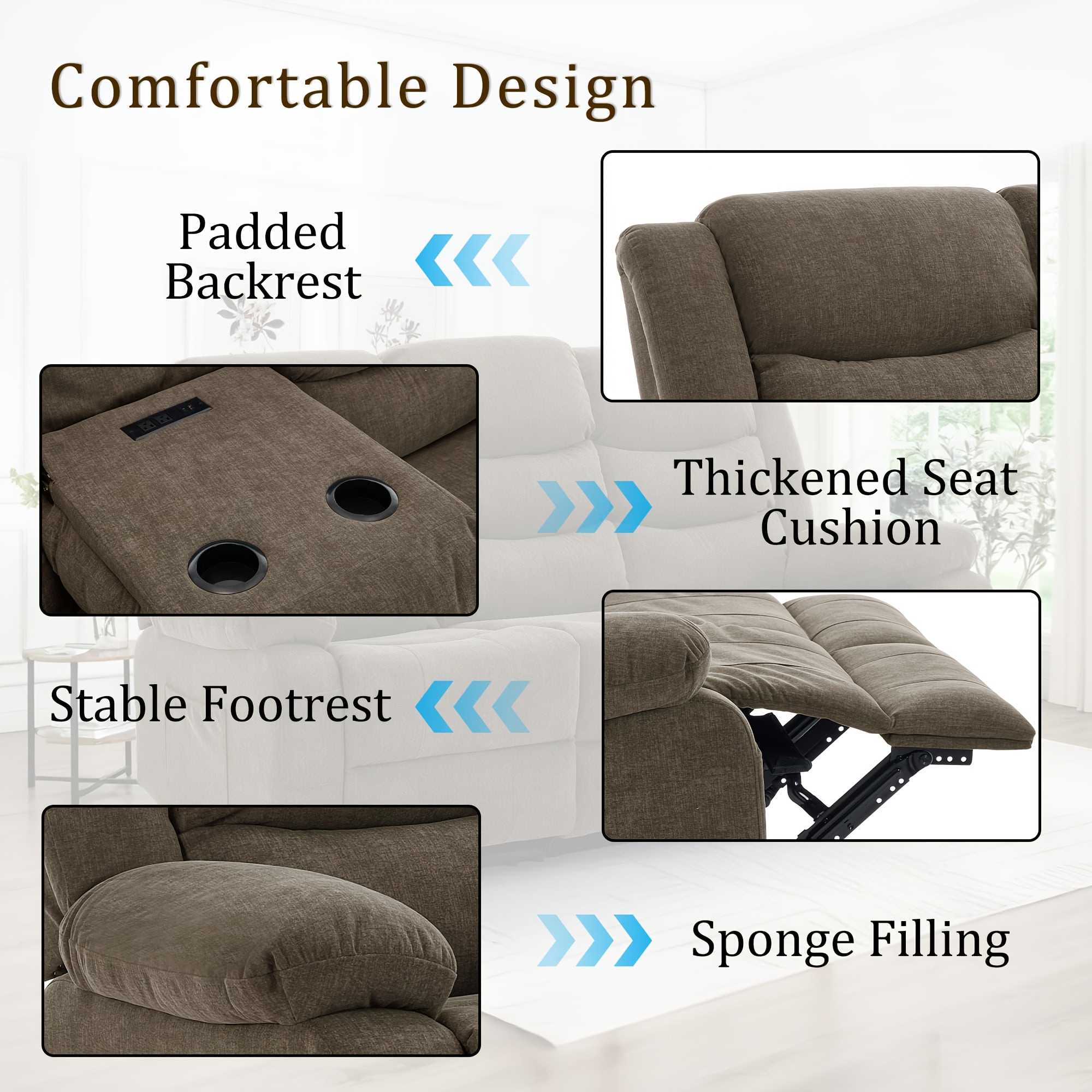 Extra-large three-seater recliner sofa, wall-mounted living room three-seater sofa, large three-seater recliner sofa with front pocket and side pockets, cashmere, manual recliner sofa