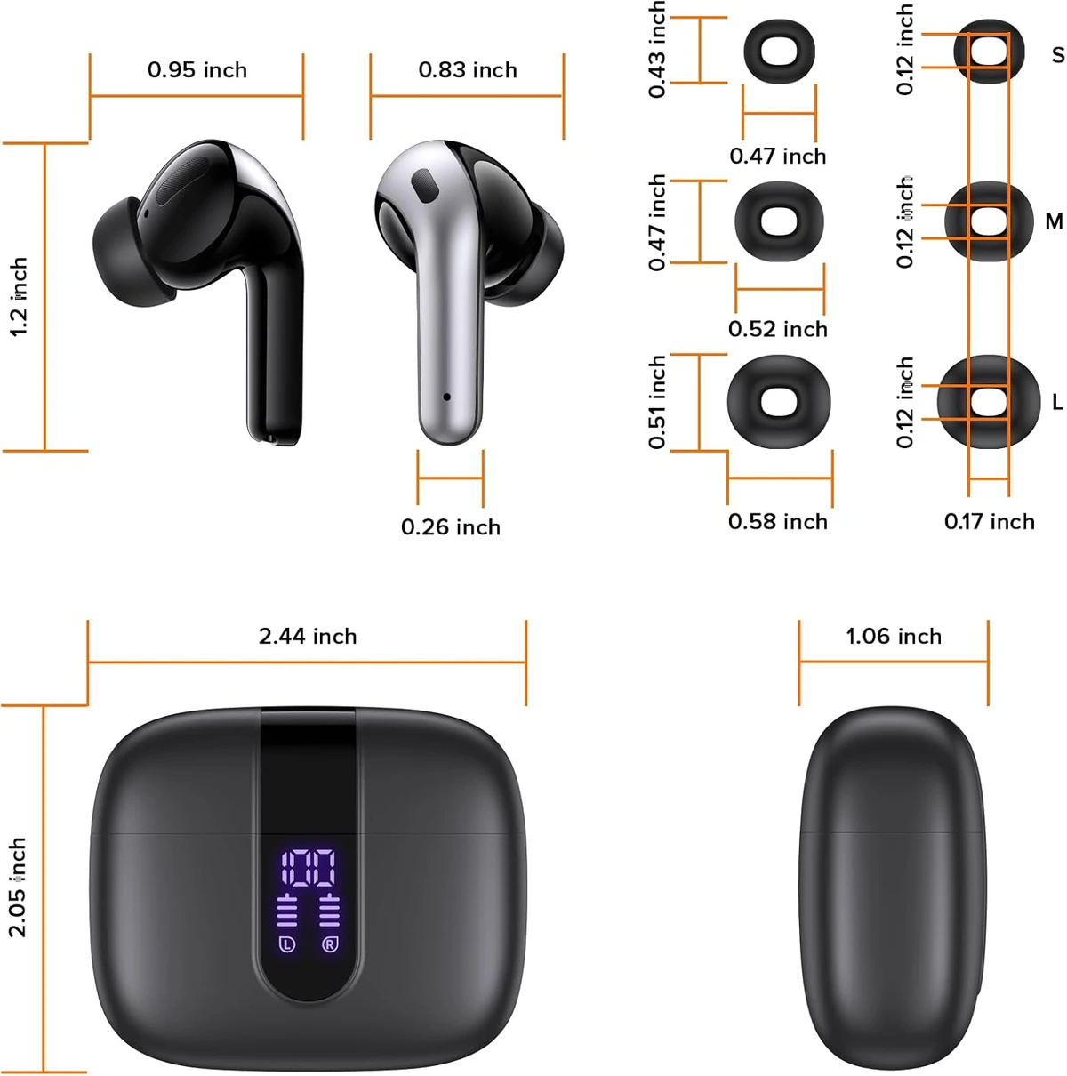 TAGRY True Wireless Bluetooth Earbuds, 60H Playtime LED Digital Power Display Earphones, IPX5 Waterproof In-Ear Earbuds with Microphone