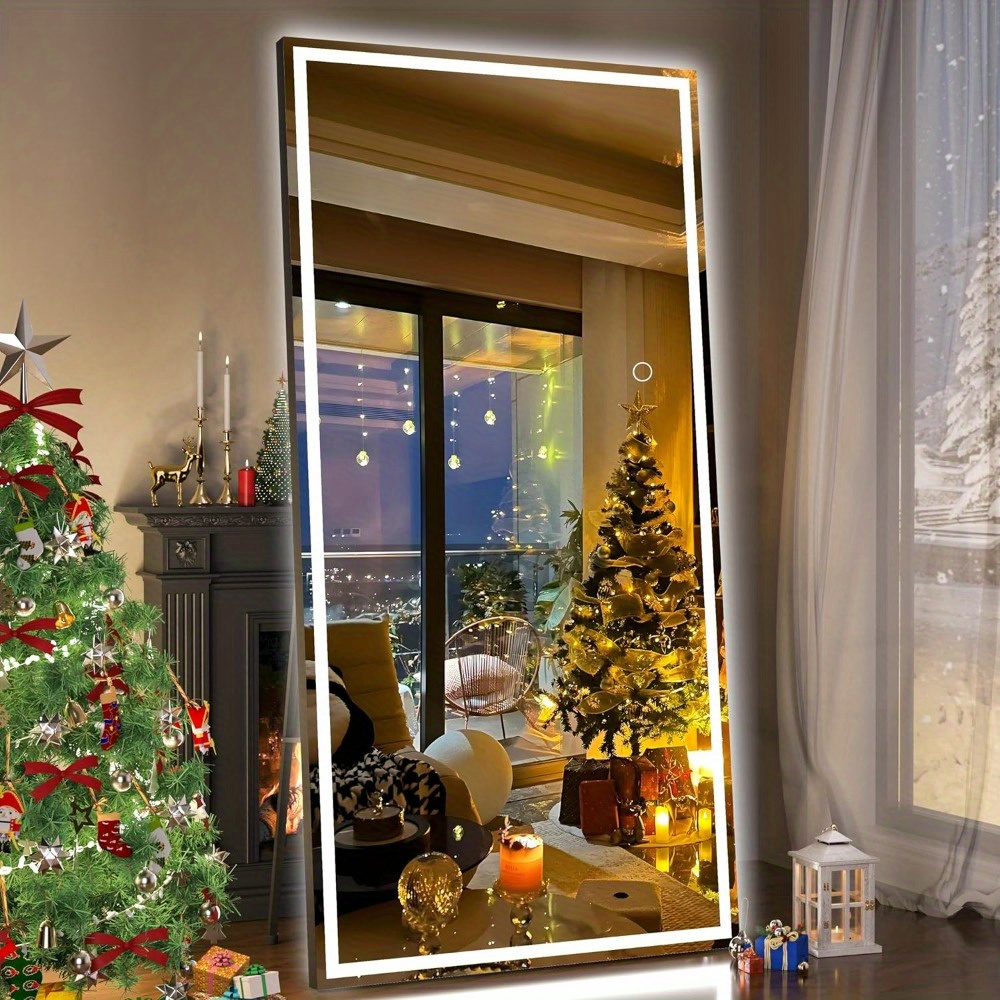 LED lighted standing full-length mirror, full-length wall mirror, with lights, dimmable, tempered glass, safe to use, square black, suitable for bathroom, living room, dressing room, hair salon, bedroom, and dressing room