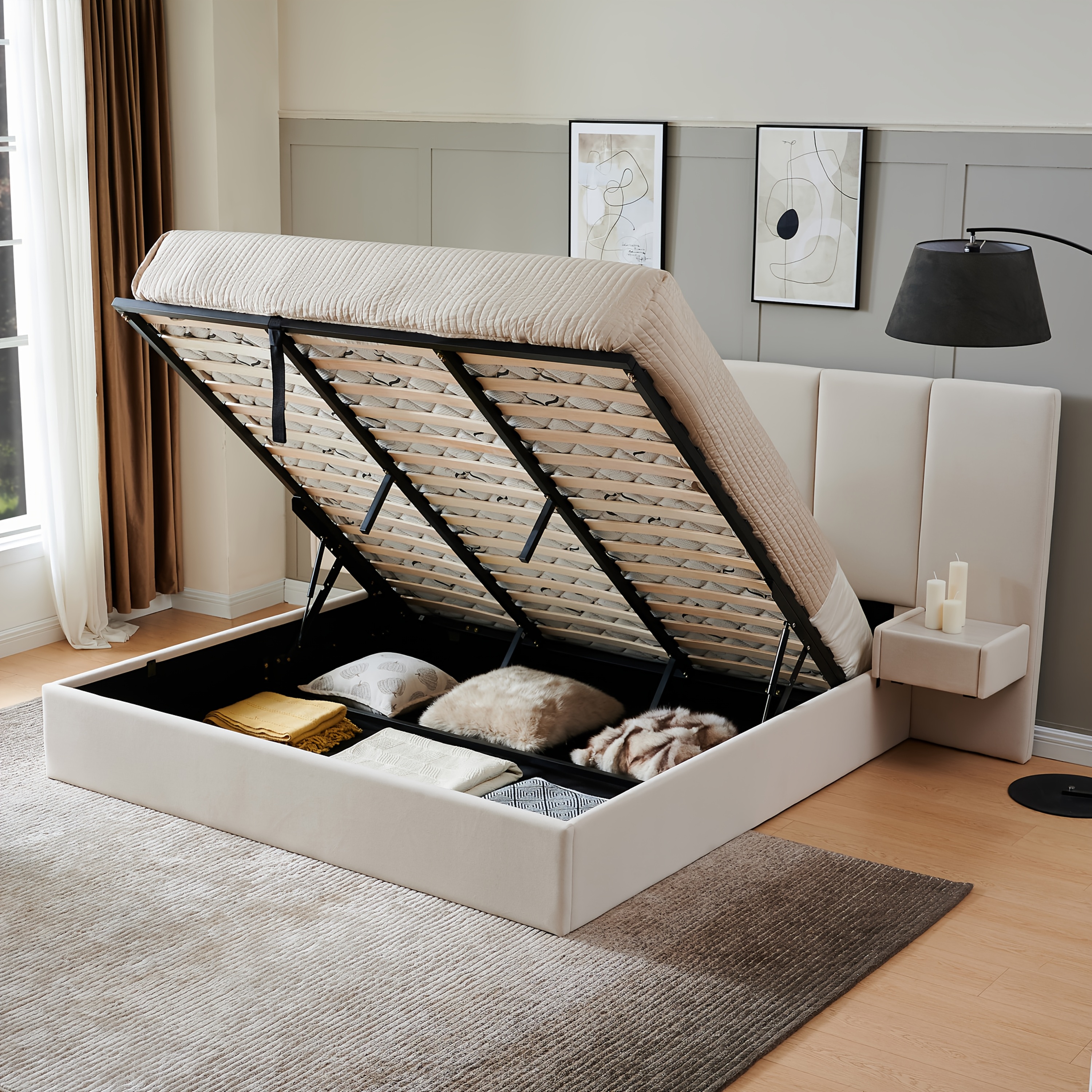 Bed frame with cushioned lift storage function, featuring a hotel-style headboard, available in Queen and King sizes, with air panel, velvet headboard, drawers, and pneumatic lift hydraulic support, eliminating the need for a box mattress