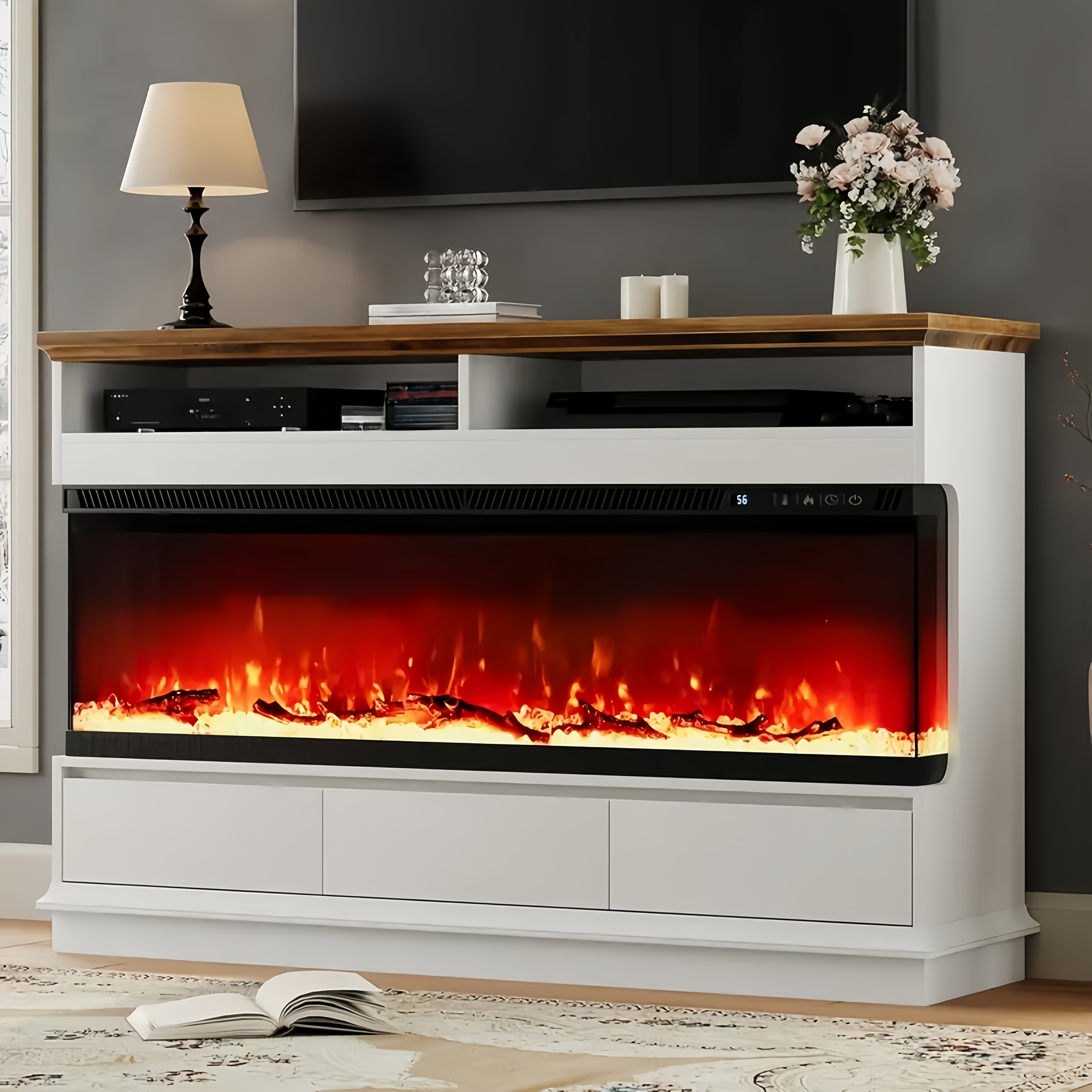 Elegant 50inch fireplace TV stand with 3-sided glass insert - white entertainment center with 3 drawers, comfortable living room decor, ideal Christmas gift, limited edition, living room TV console