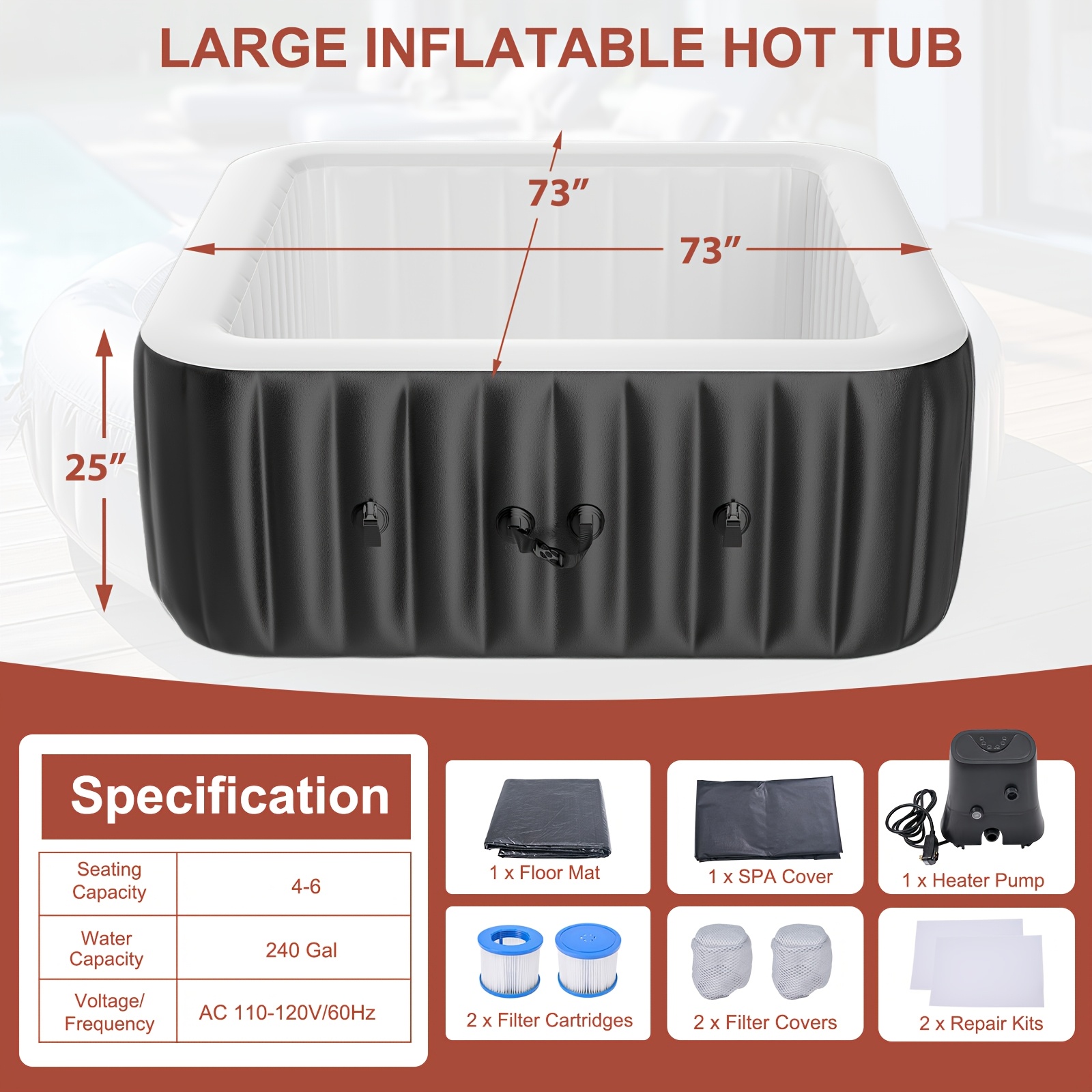 Square 6-person inflatable wave-making bathtub