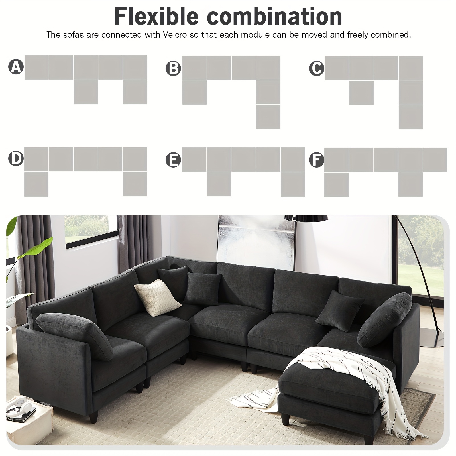 121inch Extra-large modular soft-pack sofa, chenille fabric, with removable footrest, cloud sofa, can be freely converted into L/U shape and sofa bed, suitable for living room, black/beige