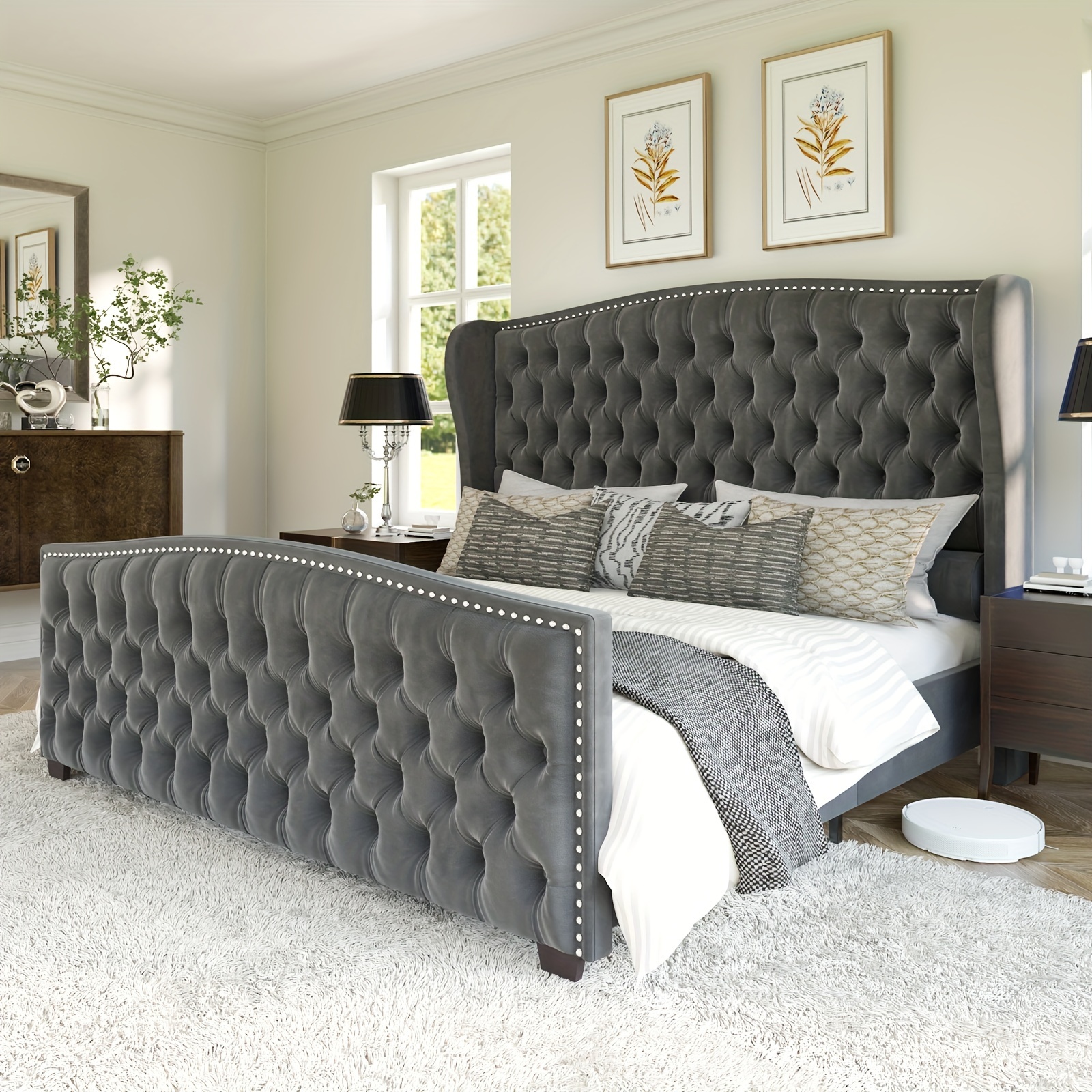 Platform bed frame, velvet upholstered bed, with winged headboard decorated with deep embossed buttons and rivets/no box spring required