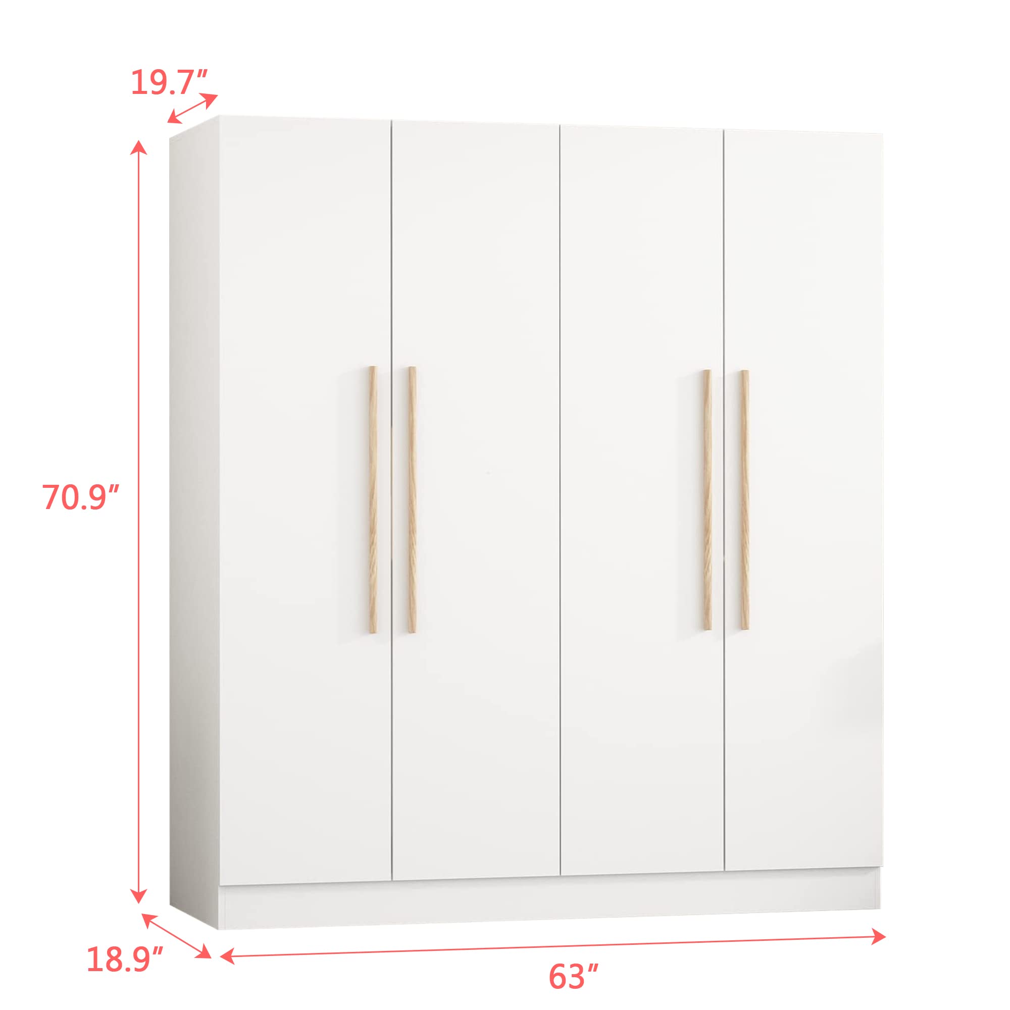4 Doors Wardrobe Closet, Large Freestanding Wardrobe Cabinet with Storage Compartment & Hanging Rod