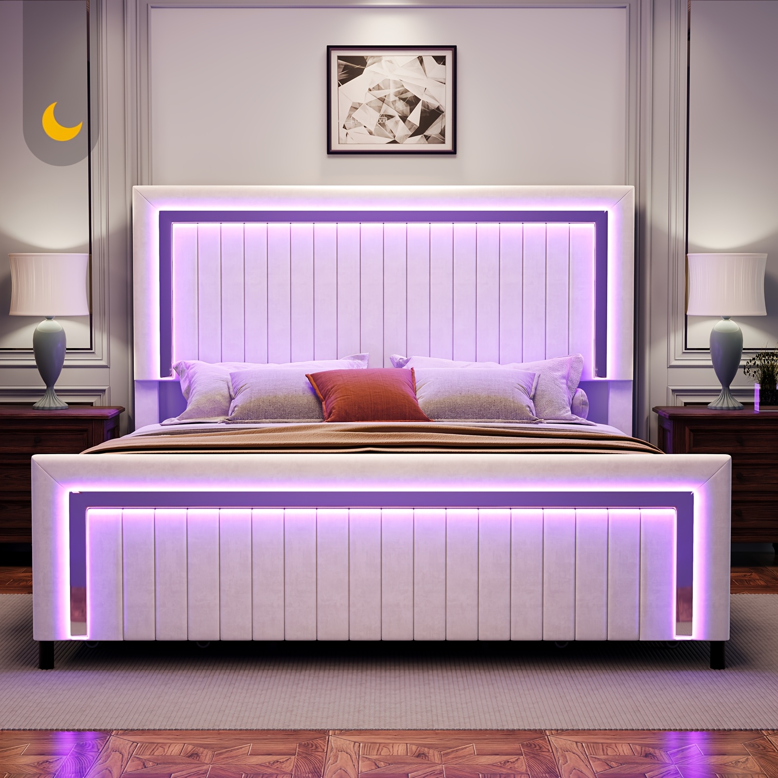 LUXOAK Queen Size LED Headboard Bed Frame| Features a soft upholstery design, 4 storage drawers, adjustable headboard with vertical channels, modern style, high-density fiberboard, metal bed frame, no box mattress required