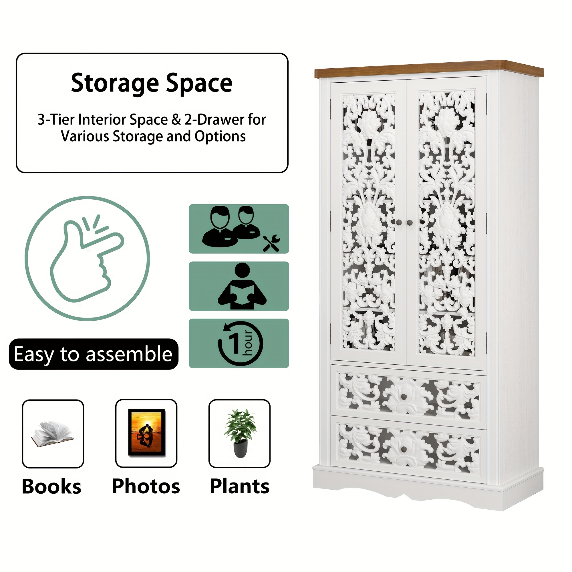 66.1inch Tall side cabinet with 2 drawers and adjustable shelves, floor-standing bookshelf with anti-tip device, suitable for living room, bedroom, and home office, hollow-carved design, white