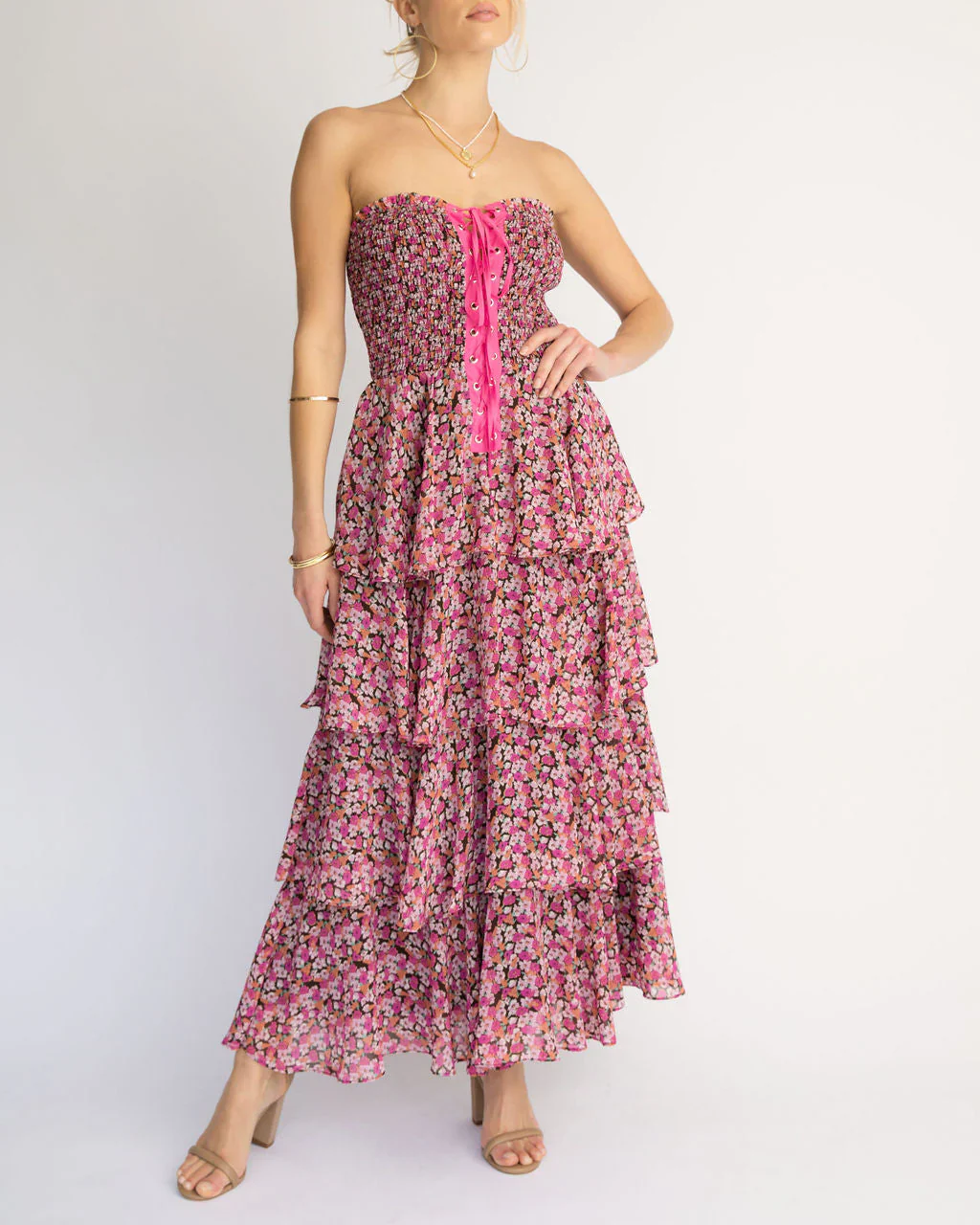 La Vida Strapless Corset Floral Tiered Midi Dress