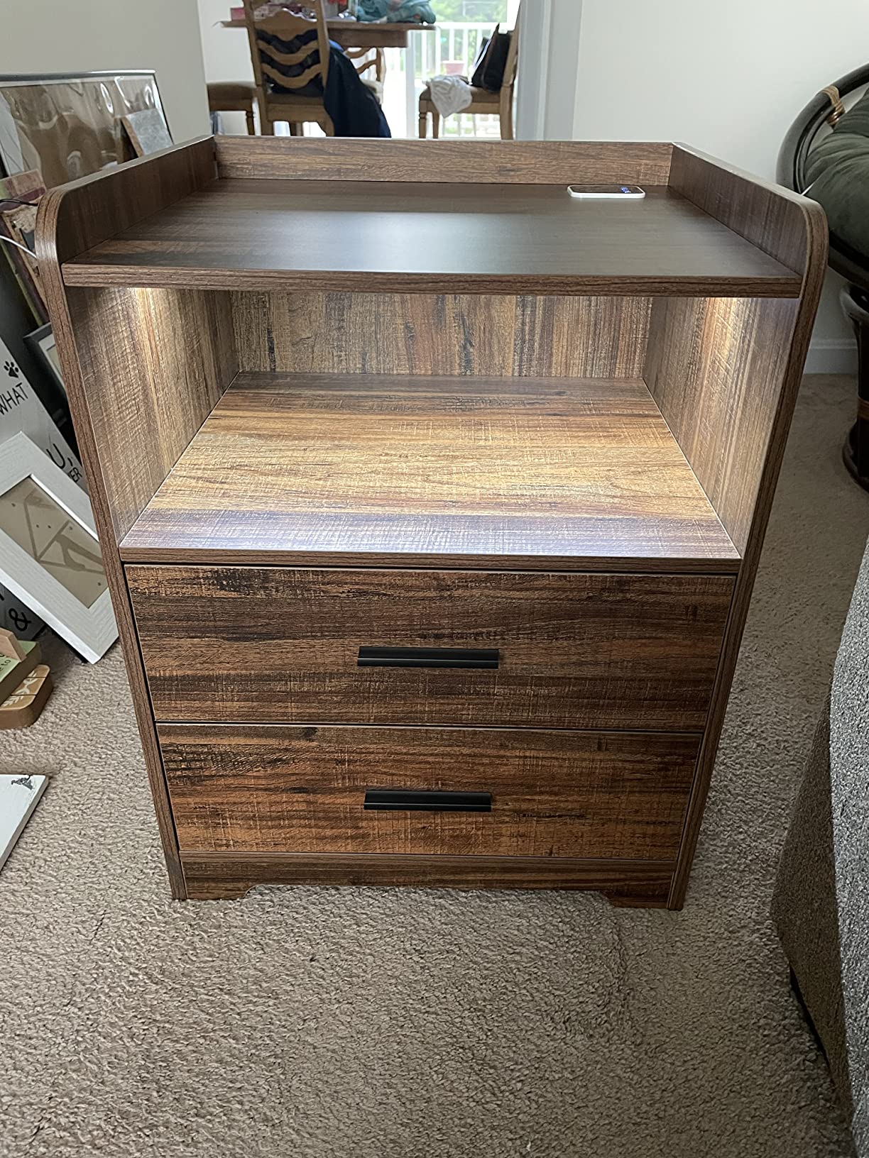 Black Nightstand with Charging Station, Night Stands with 2 Drawers, Smart Nightstand Bedside Table Led