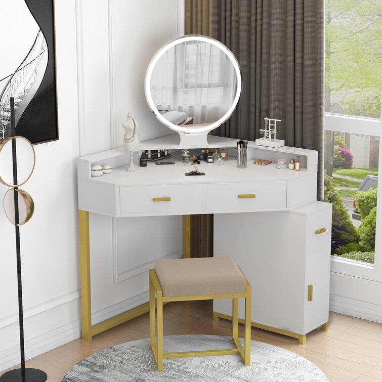 Corner Vanity Set with Lighted Mirror