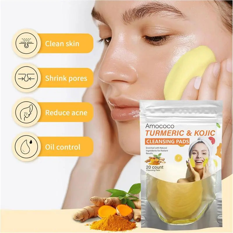 💥LAST DAY 49% OFF🌟 Turmeric & Kojic Acid Cleansing Pads – 20 Pcs, Gentle Deep Clean, Brighten & Soften Skin
