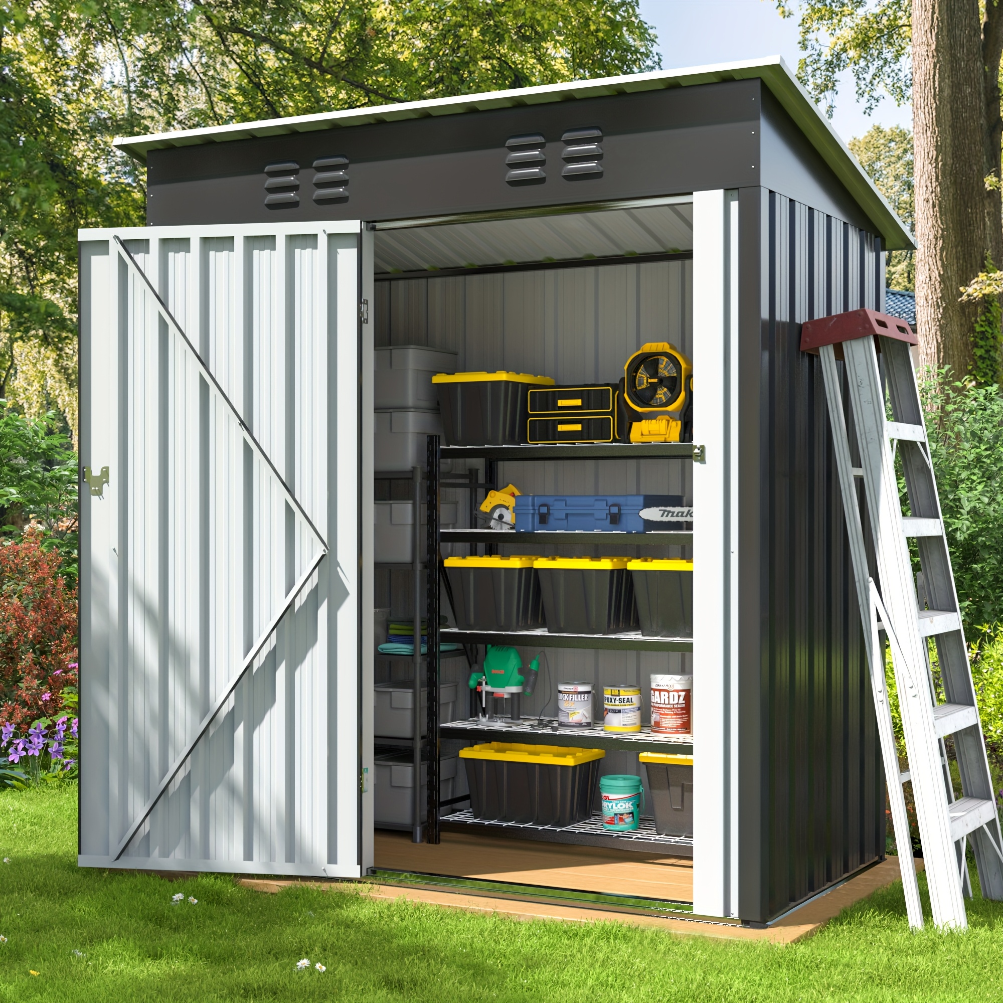 5X3 feet 10'X10' feet outdoor storage shed, spacious garden shed with a sloped roof and ventilation design.Enhanced reinforced security lockable metal storage shed, suitable for patio, backyard, garage, lawn, gray color