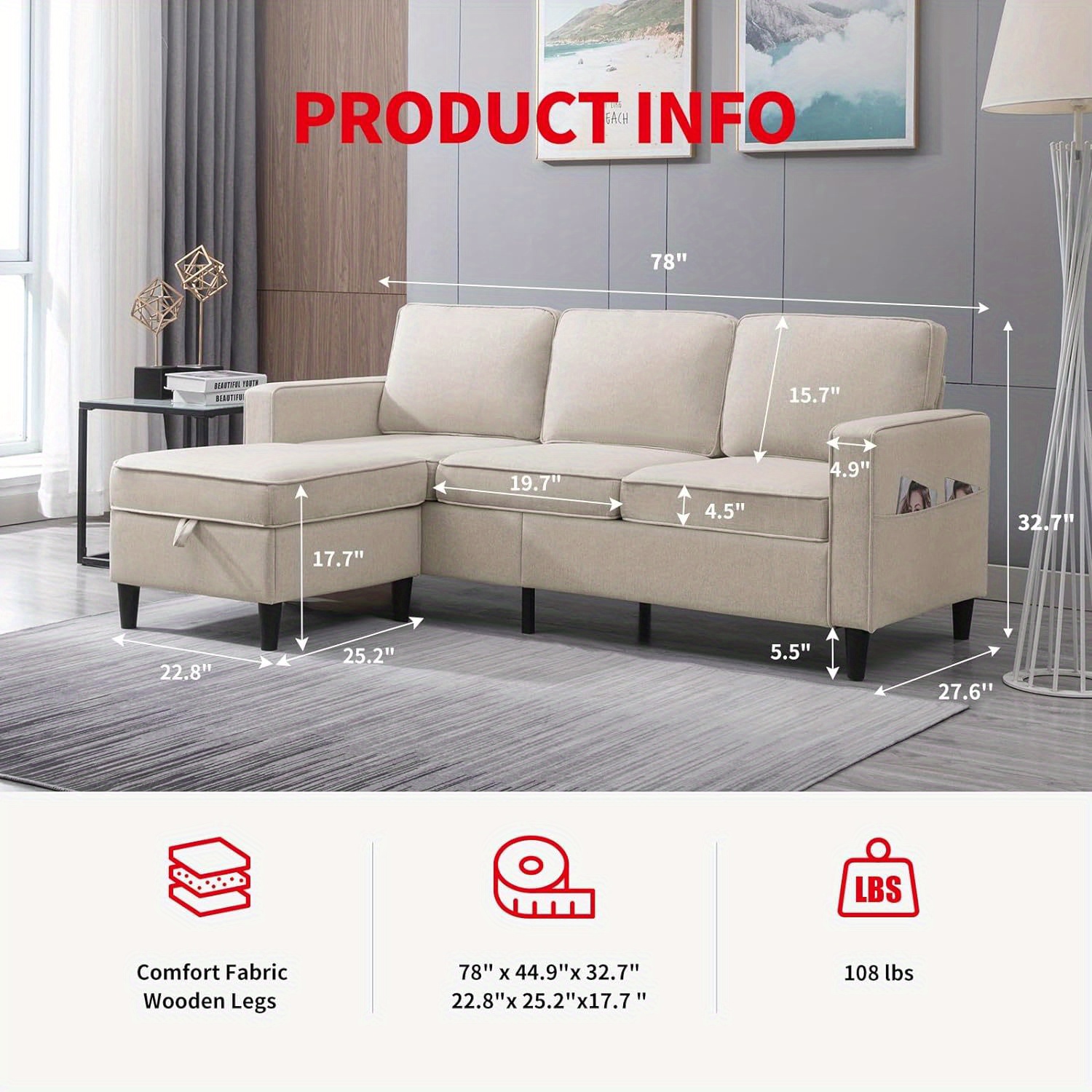 78inch (approx. 77.99inch ) Convertible sofa, linen L-shaped sofa, with double-sided storage ottoman, wooden legs and 3-seater configuration, ideal for compact spaces, apartments or offices