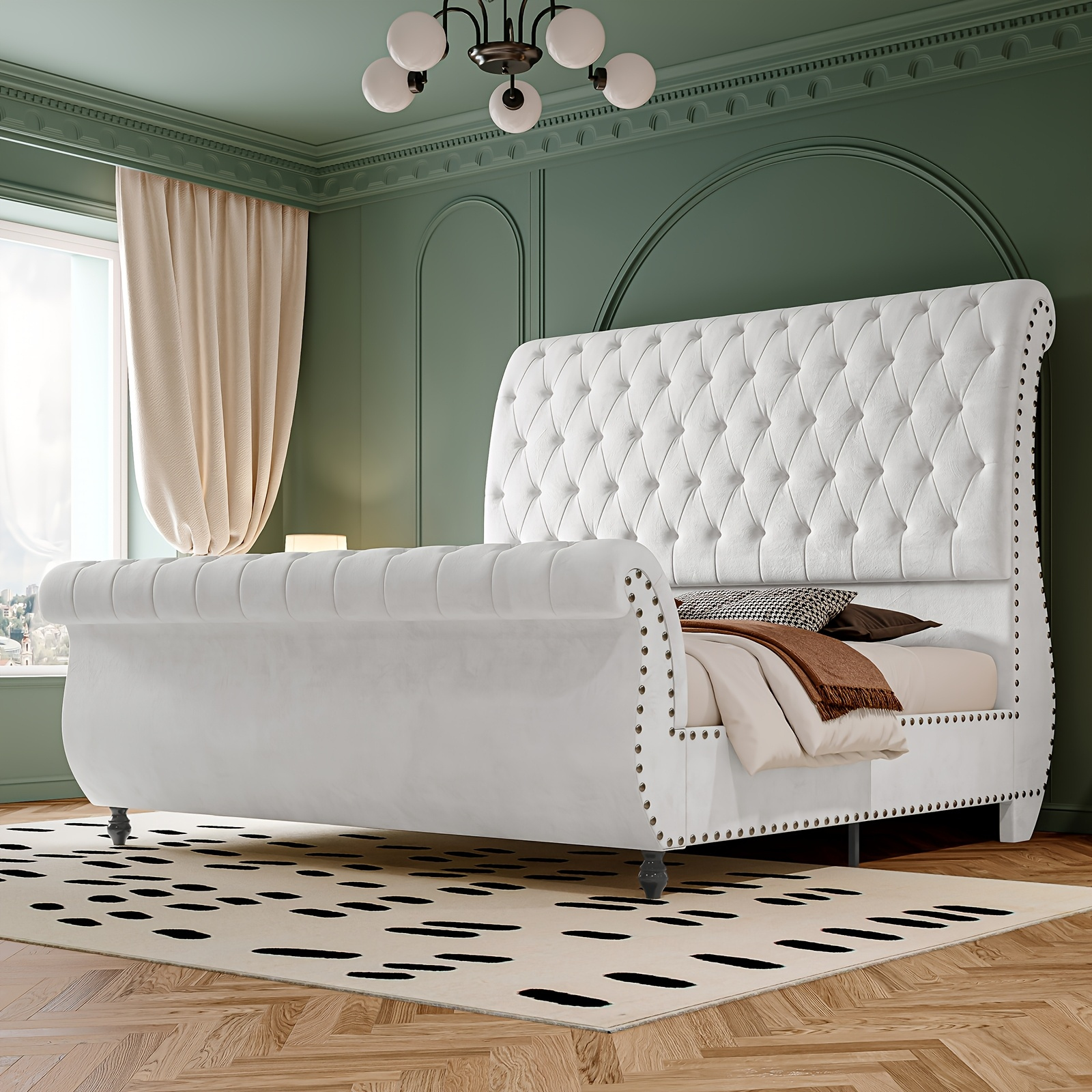 Luxurious velvet upholstered sled bed, featuring an elegant curved headboard and footboard, with a button-tufted base, no box spring required