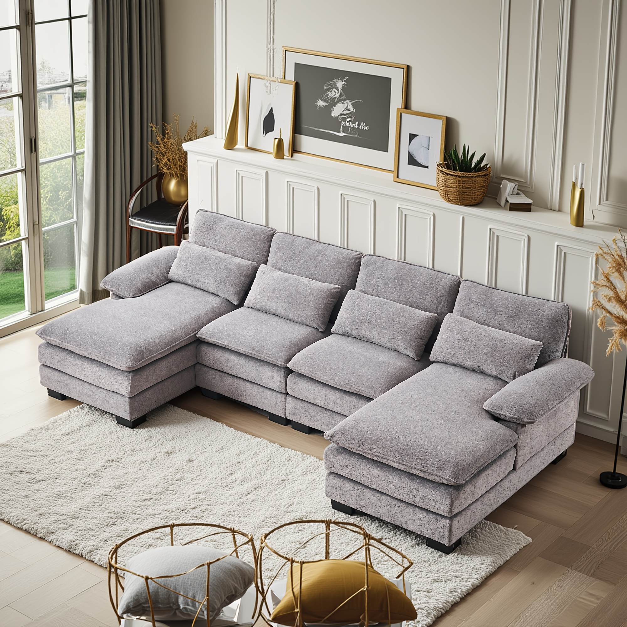 110inch U-shaped comfortable 4-seater cloud sofa, modern deep-seated living room sofa, chenille fabric