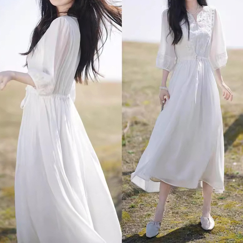 Romantic White Lace Chiffon Midi Dress