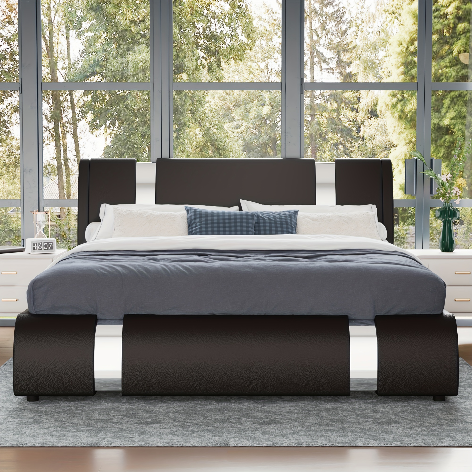 WEEWAY modern wrought iron decorative bed frame, faux leather platform bed with curved adjustable headboard, wooden slat support, no box spring needed