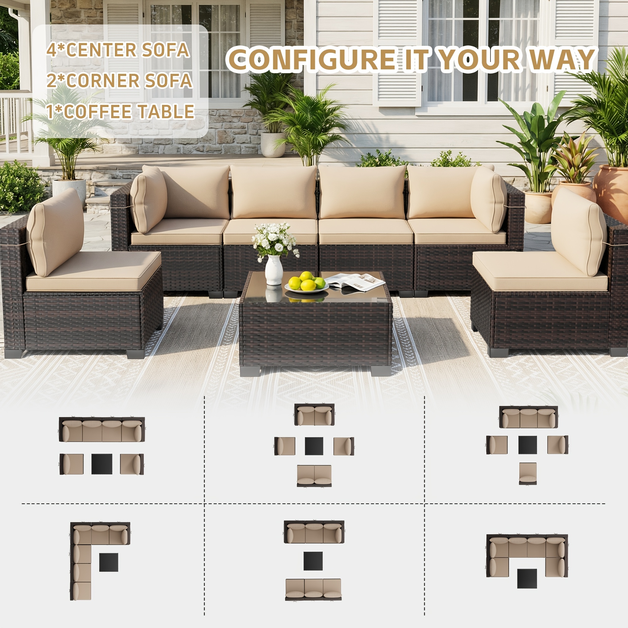LEVELEVE 7-piece outdoor patio furniture set, rattan conversation sofa combination, hand-woven rattan patio sofa with coffee table
