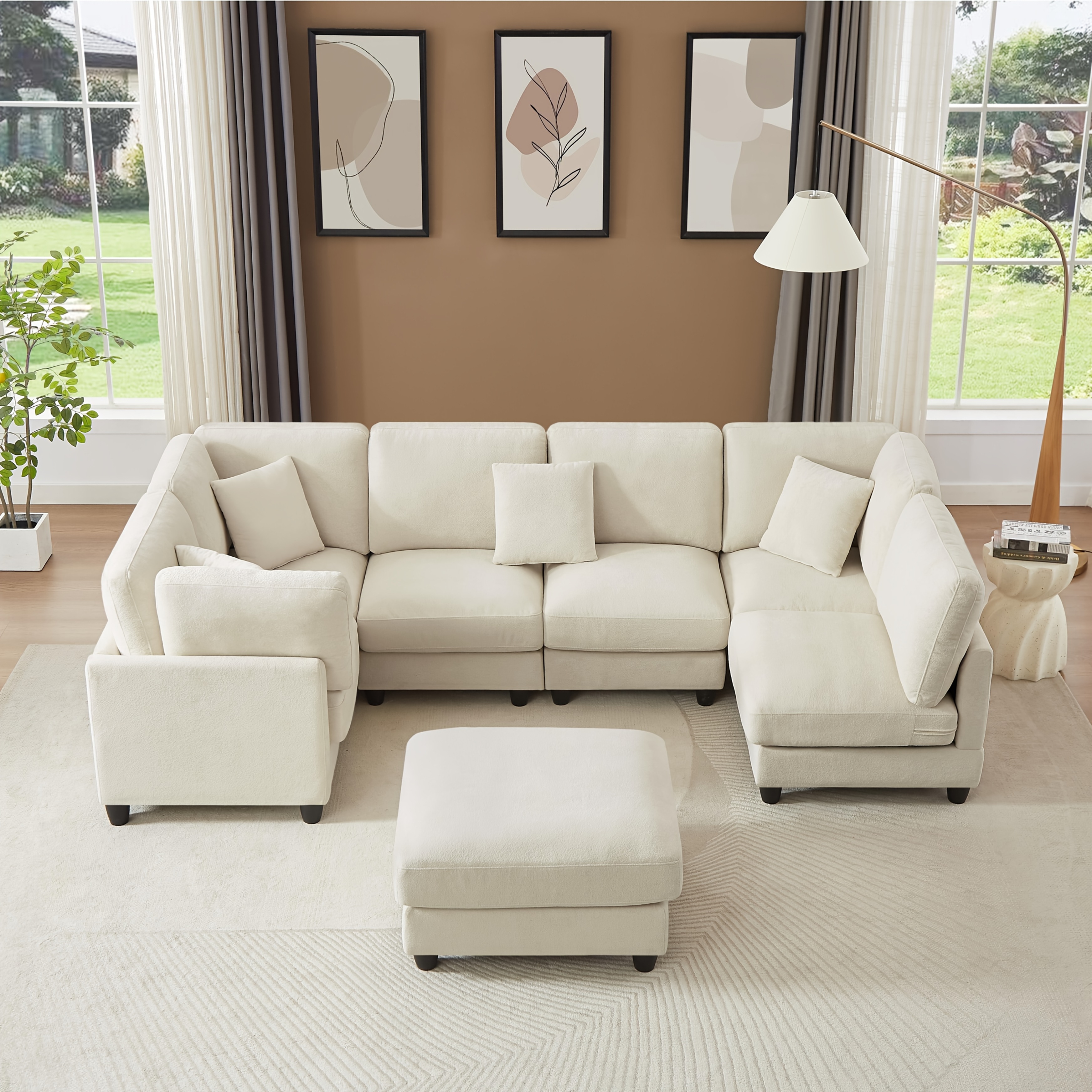 121inch Extra-large modular soft-pack sofa, chenille fabric, with removable footrest, cloud sofa, can be freely converted into L/U shape and sofa bed, suitable for living room, black/beige