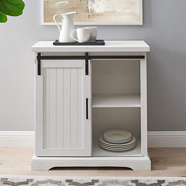 Walker Edison Beaumont Modern Farmhouse Sliding Slat Door Storage Cabinet, 32 Inch, White Oak White Oak Groove Door Cabinet