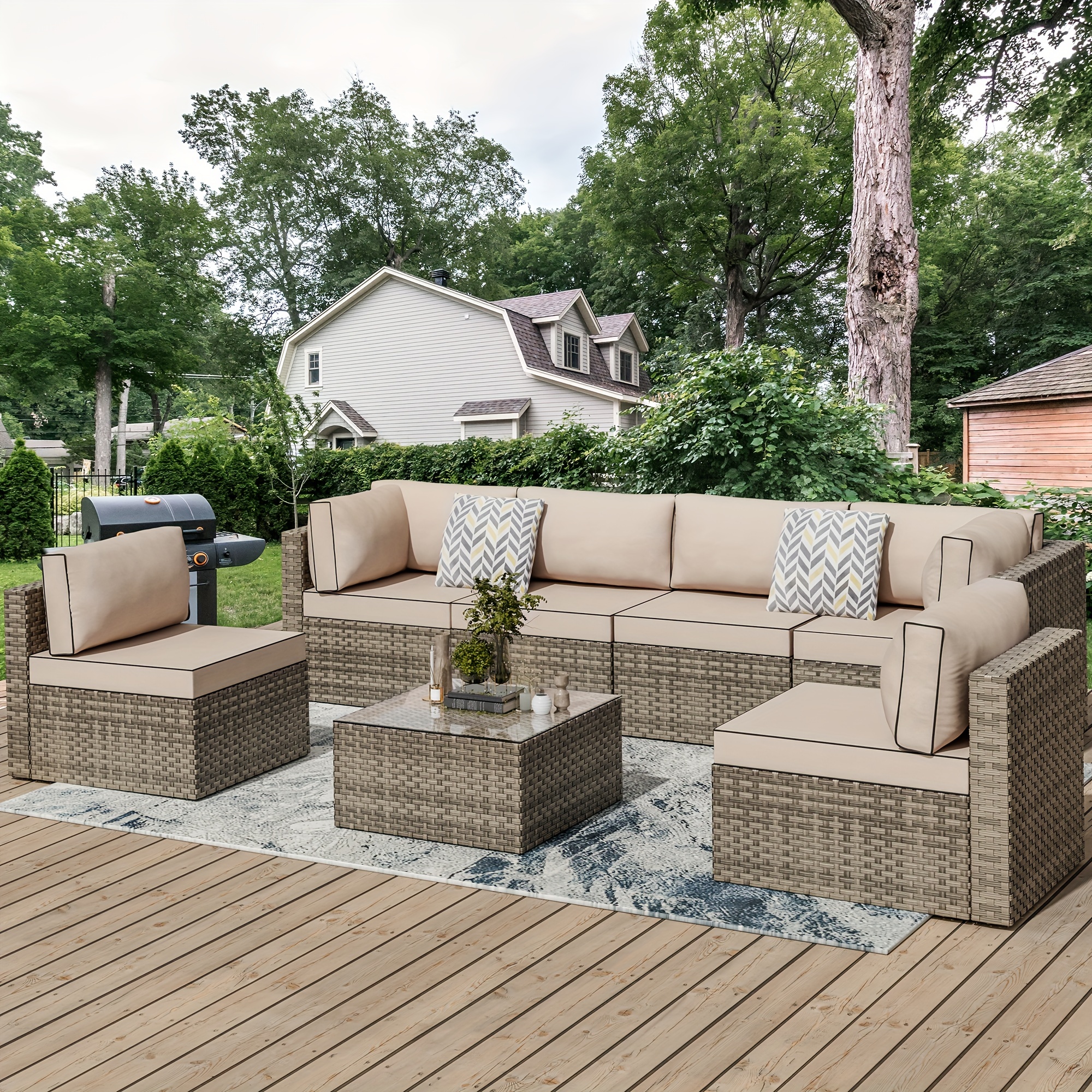 JY QAQA 7-piece outdoor patio furniture set, PE rattan woven patio sofa with tea table and washable cushions, Aegean blue