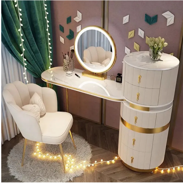 Dressing Table Set with Round Mirror 2 Large Drawers with Round Sliding Rails Padded Stool