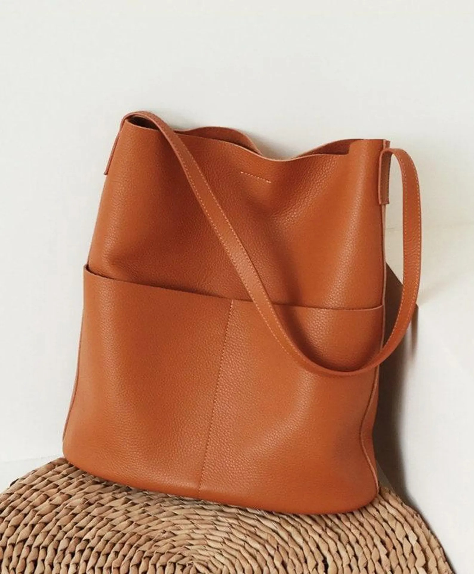 Effortless Cognac Pebbled Leather Slouch Tote
