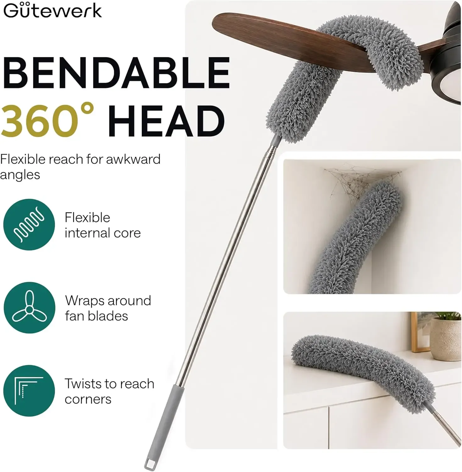 Cleaning duster with extension rod, 100inch long feather duster, suitable for high ceilings, washable brush head, cleaning supplies, suitable for home cleaning, ceiling fans, furniture cleaning