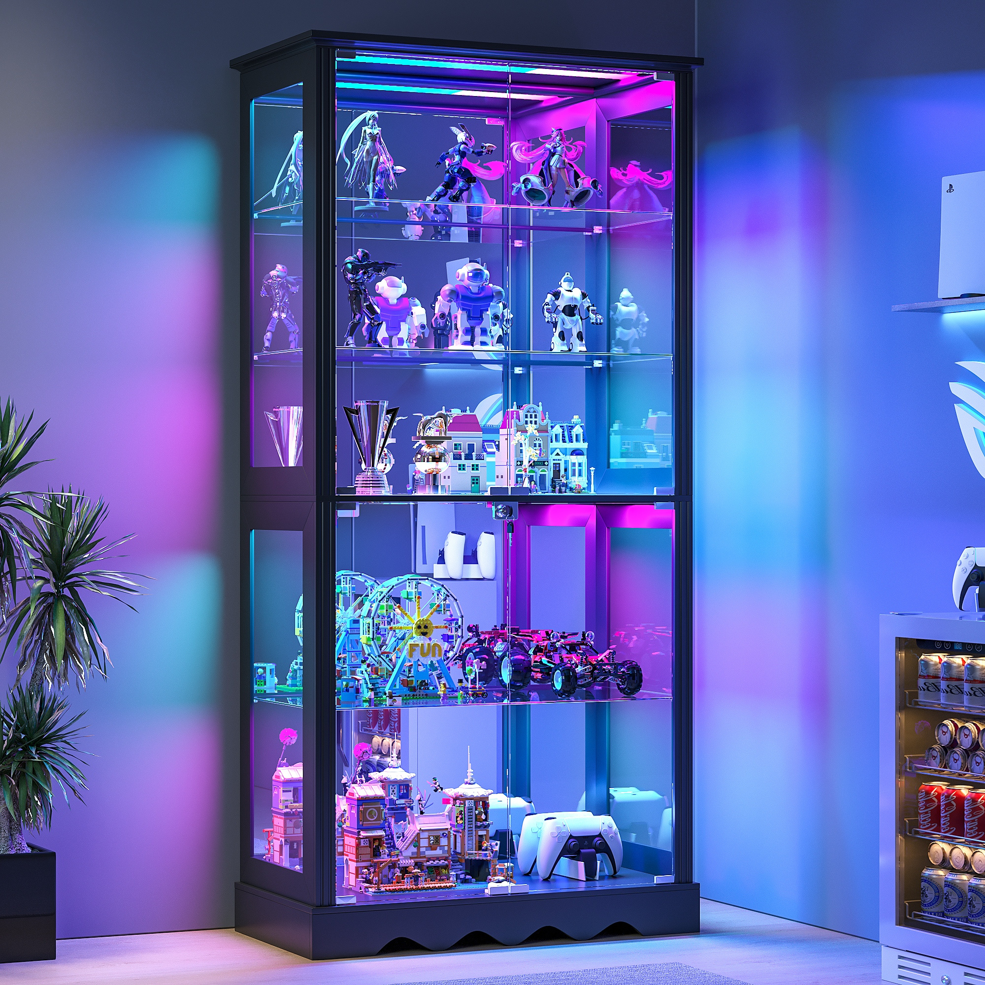 Display cabinet with glass door, 71inch tall antique cabinet with RGB lights, LED display case with removable shelves, suitable for books/medals/figurines, black and white