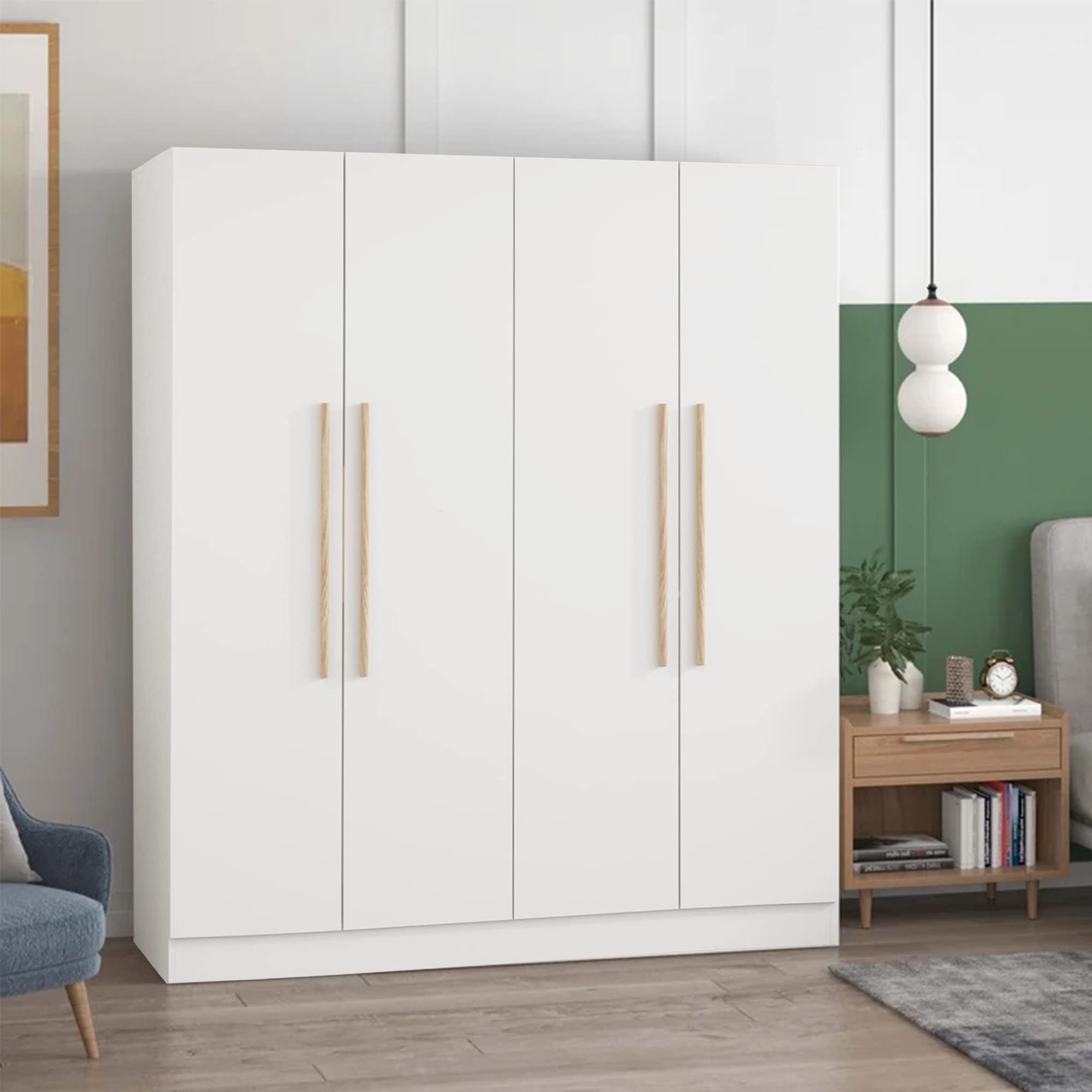 4 Doors Wardrobe Closet, Large Freestanding Wardrobe Cabinet with Storage Compartment & Hanging Rod