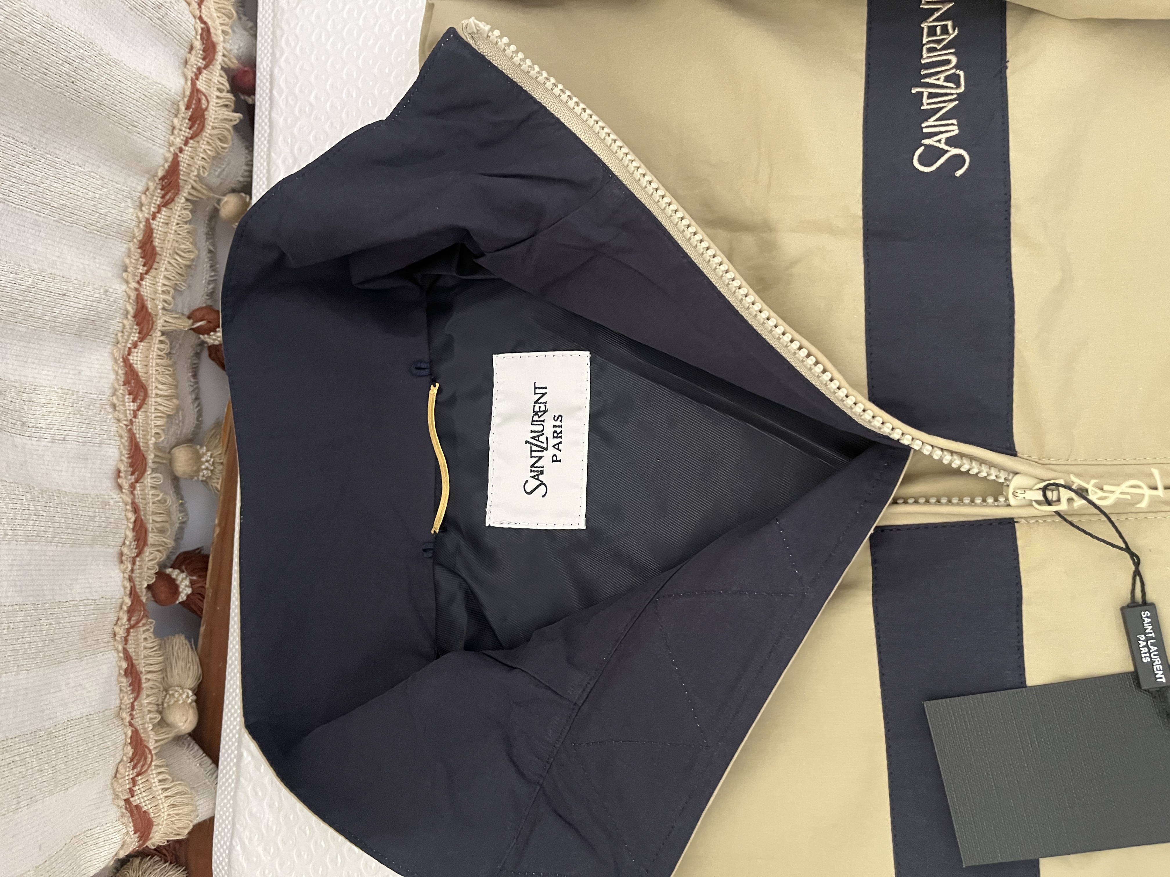 YS design 2026 hot Letter Embroidery Color Block Striped Stand Collar Long Sleeve Trench Coat